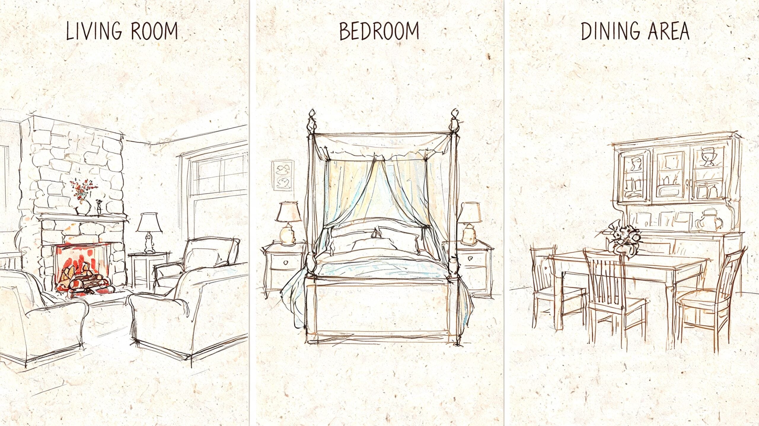 Three artistic sketches illustrating cozy interior design styles including a fireplace living room, canopy bedroom, and dining area.