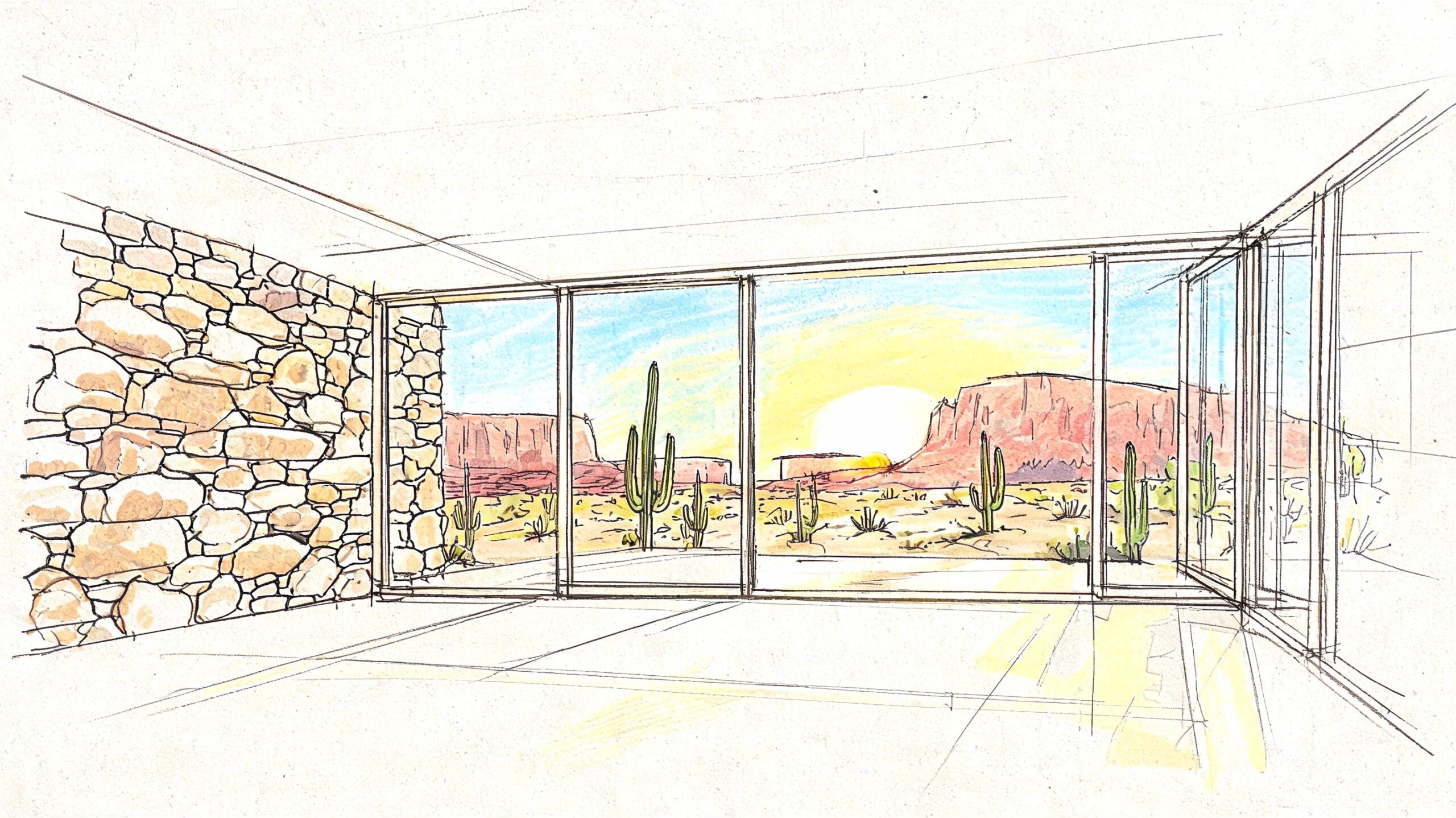 A pencil sketch of a modern minimalist room with a stone wall and large windows overlooking a desert.