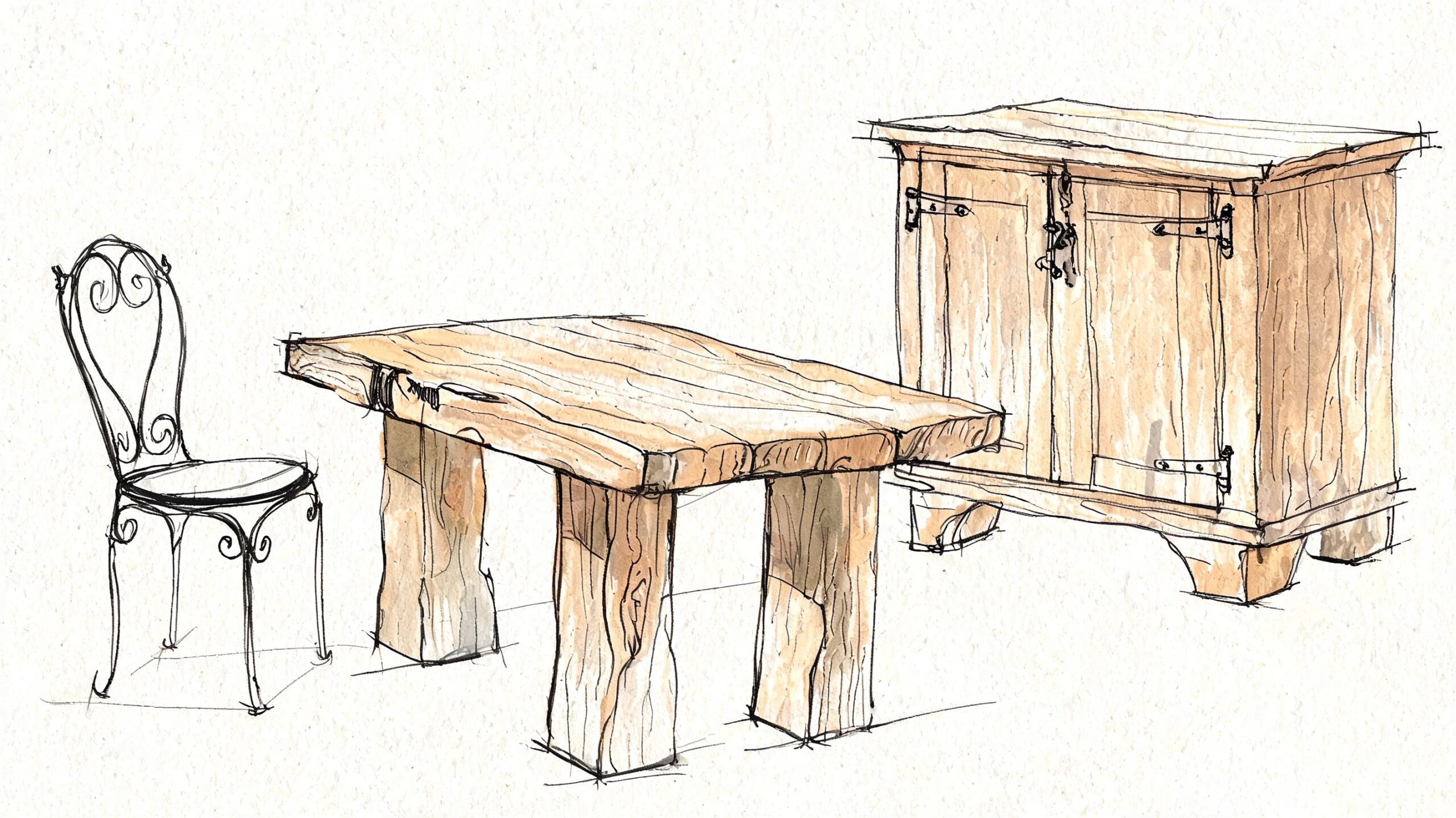 A watercolor sketch showing a wrought iron chair, a wooden table, and a rustic wooden cabinet.