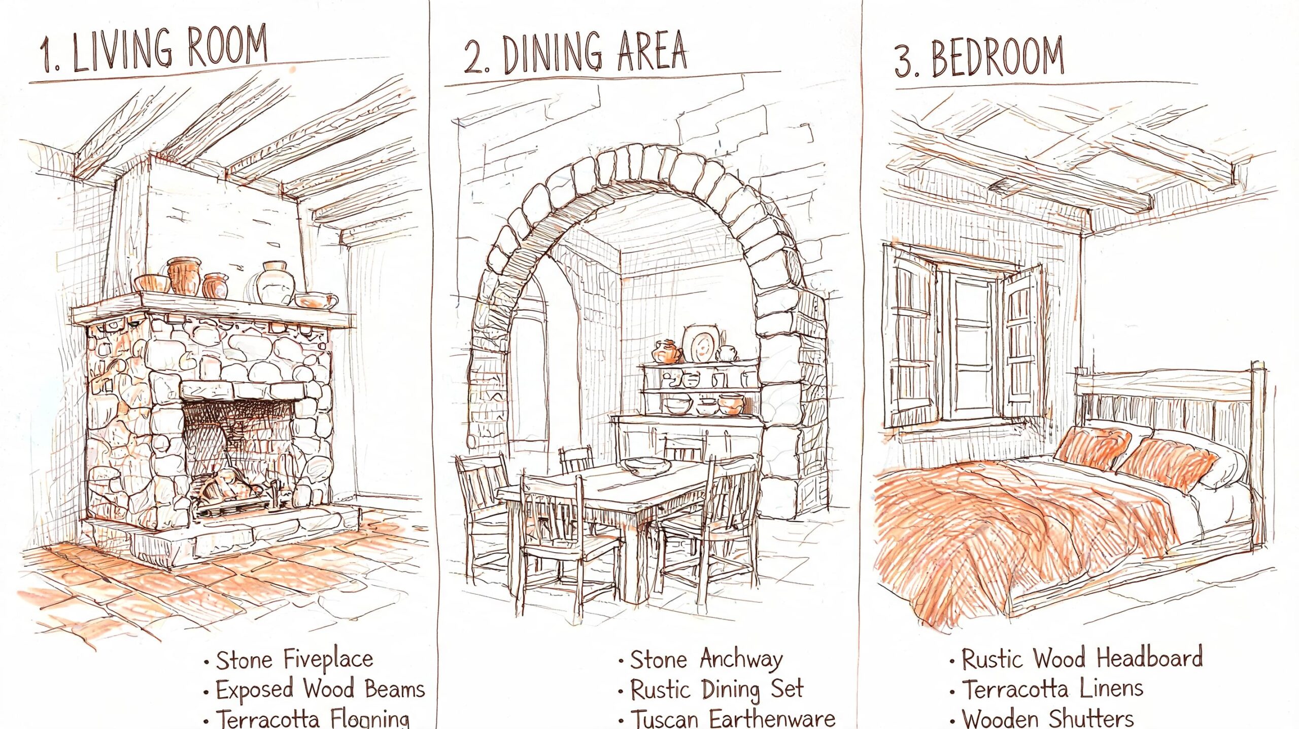A three-panel illustration showcasing rustic Tuscan style interior design for a living room, dining area, and bedroom.