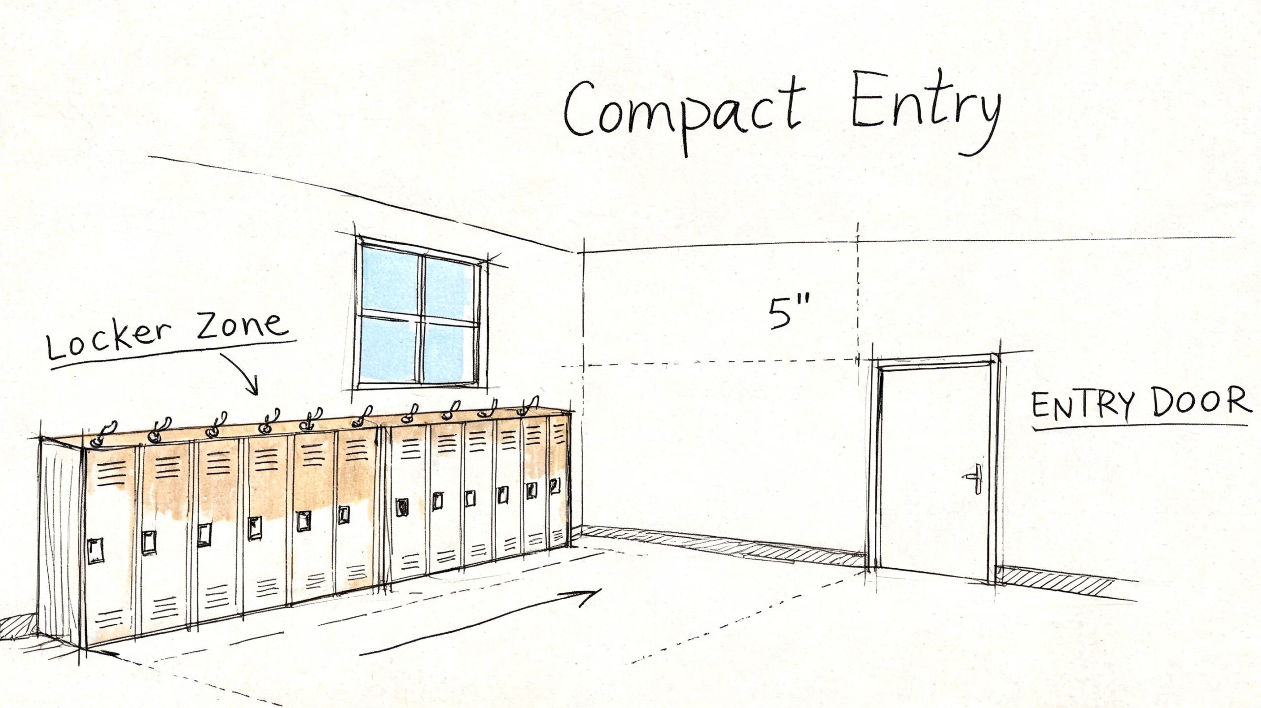 A hand-drawn architectural sketch showing a compact entryway featuring a row of lockers and an entry door.