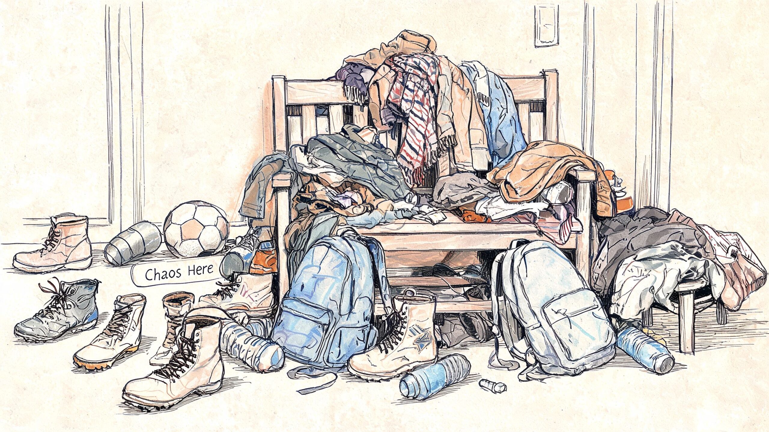 A cluttered wooden bench in an entryway filled with heaps of clothing, backpacks, and scattered footwear.