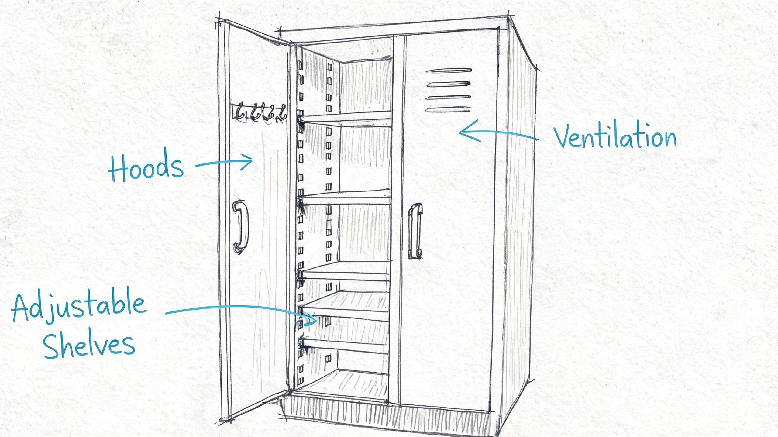 A hand-drawn sketch of a dual-door entryway locker featuring adjustable shelves, coat hooks, and ventilation slots.