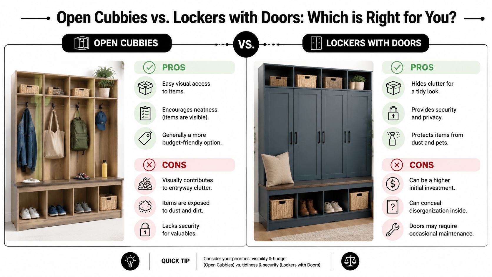A comparison infographic showing open cubbies versus enclosed entryway lockers, listing their respective pros and cons.
