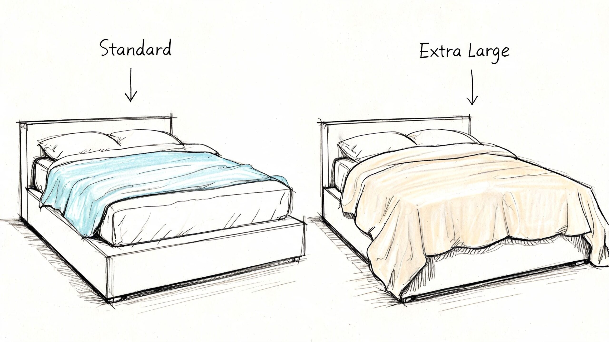 A side-by-side illustration comparing a standard size bedspread with an extra large bedspread on identical beds.