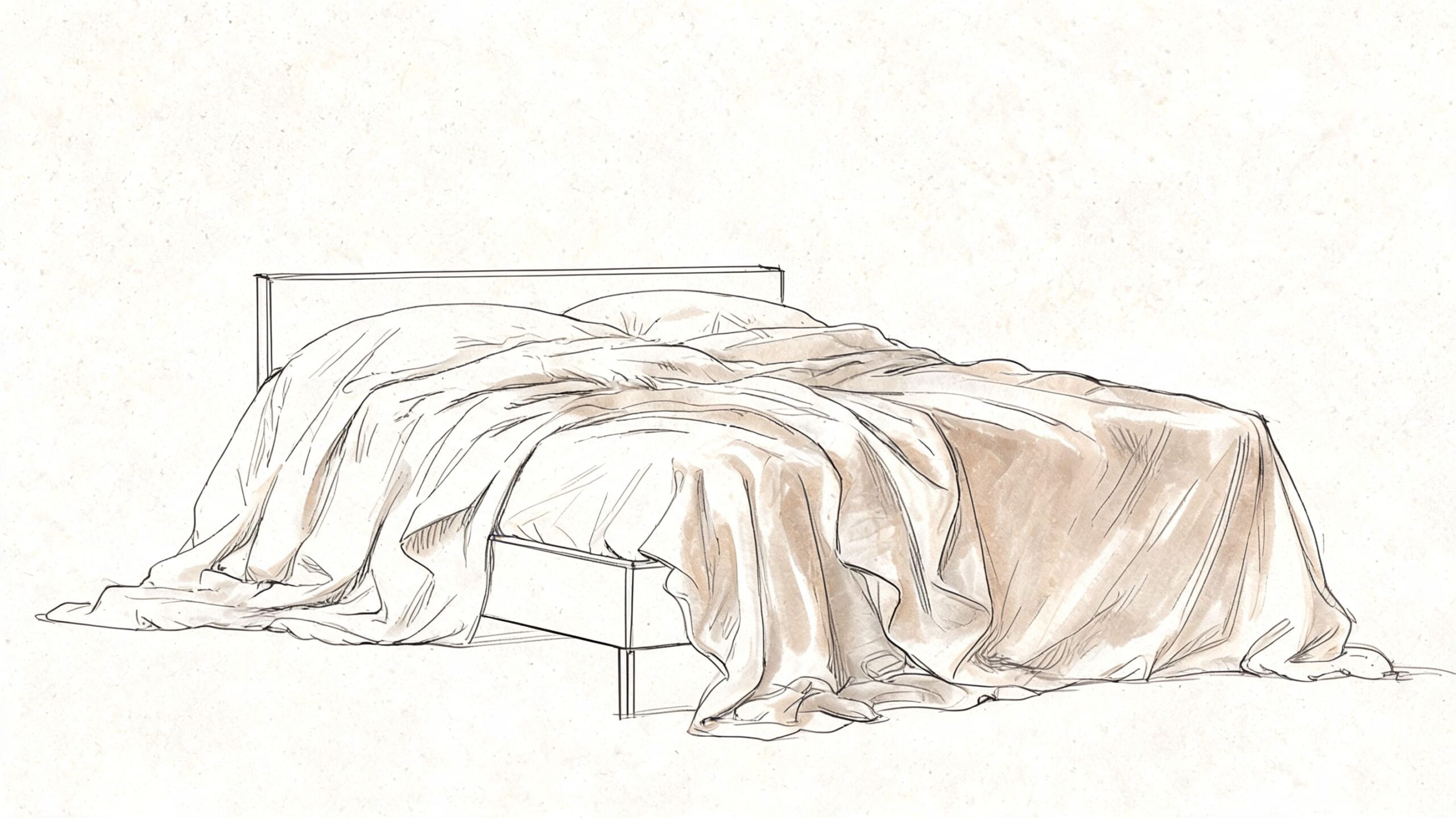 A minimalist hand-drawn sketch of a bed with an extra large draped bedspread and pillows.