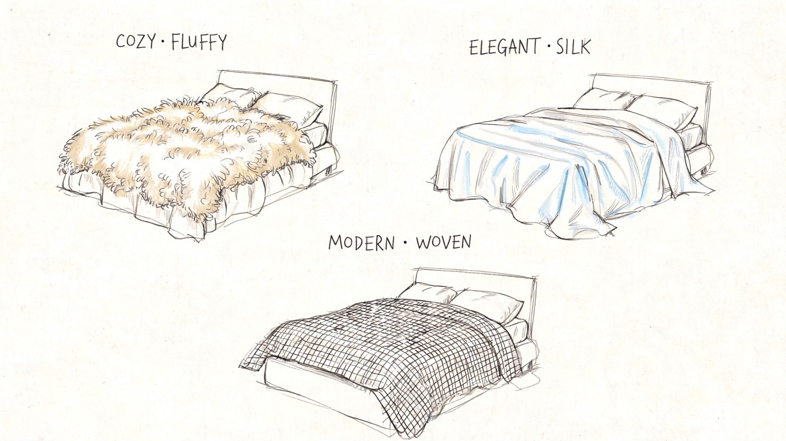 Three artistic sketches of beds displayed with cozy fluffy, elegant silk, and modern woven bedspreads styles.