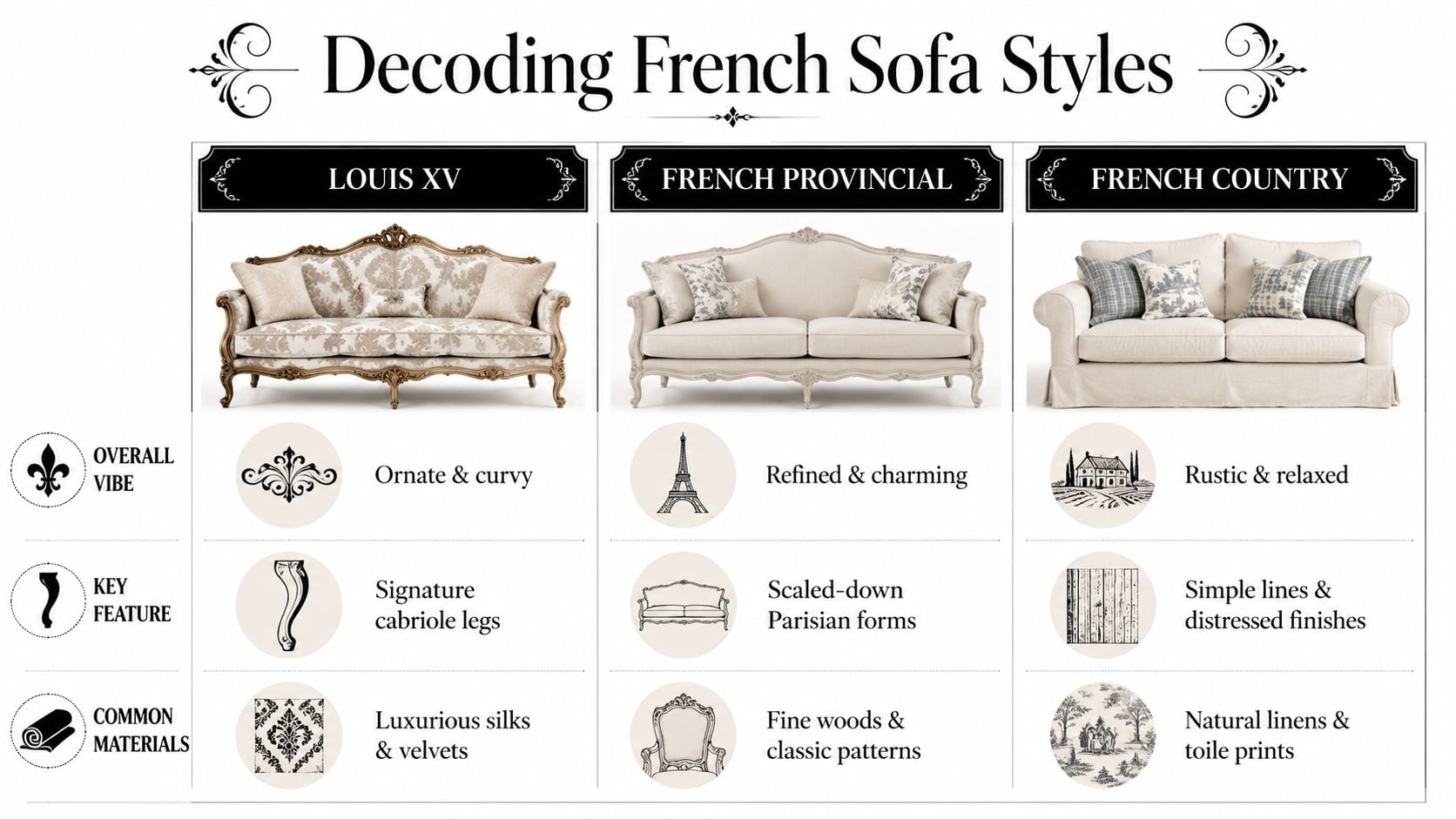 A decorative infographic titled Decoding French Sofa Styles comparing Louis XV, French Provincial, and French Country furniture designs.