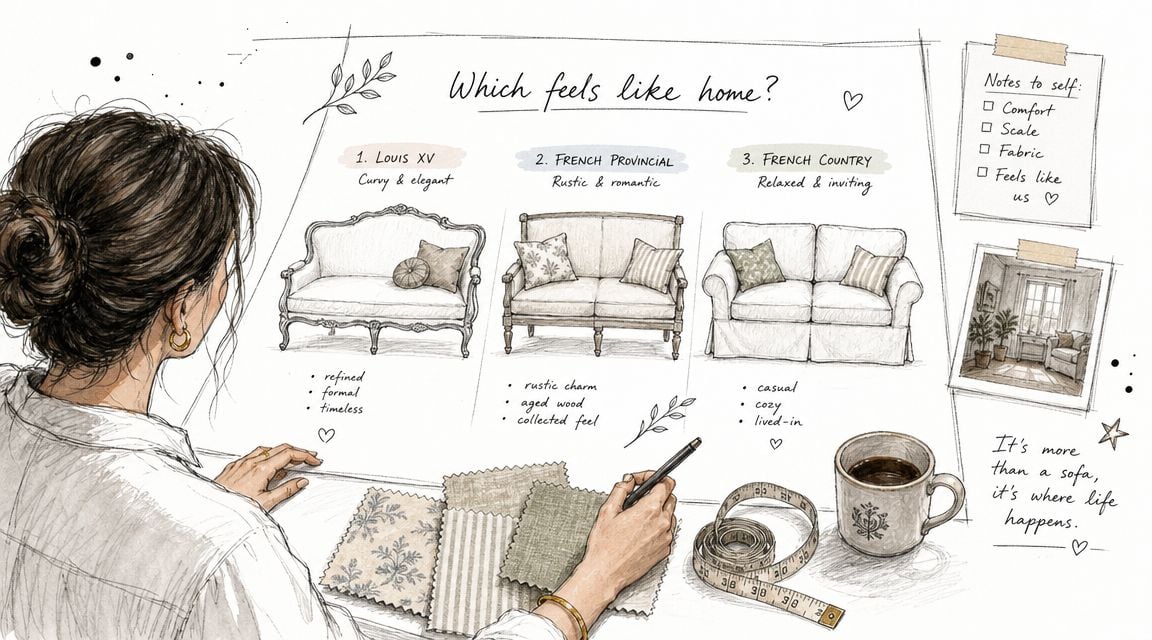 A woman sketching furniture designs of French style sofas on a drafting table with fabric swatches.