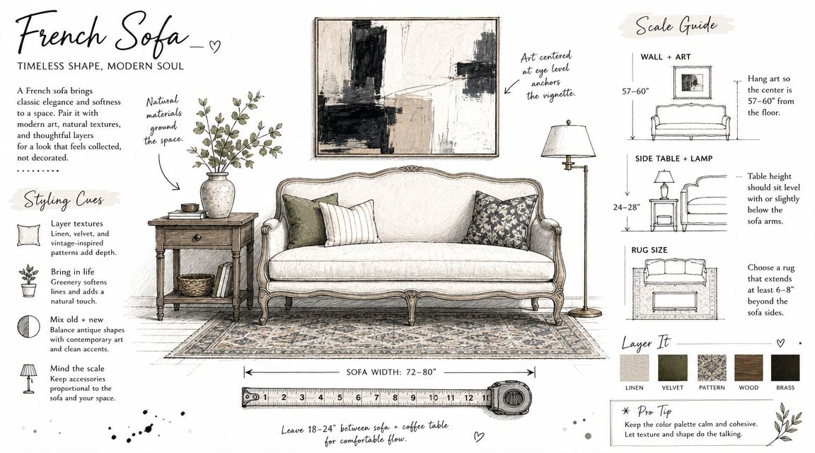 An interior design infographic illustrating how to style a French sofa with decor, scale guides, and textures.