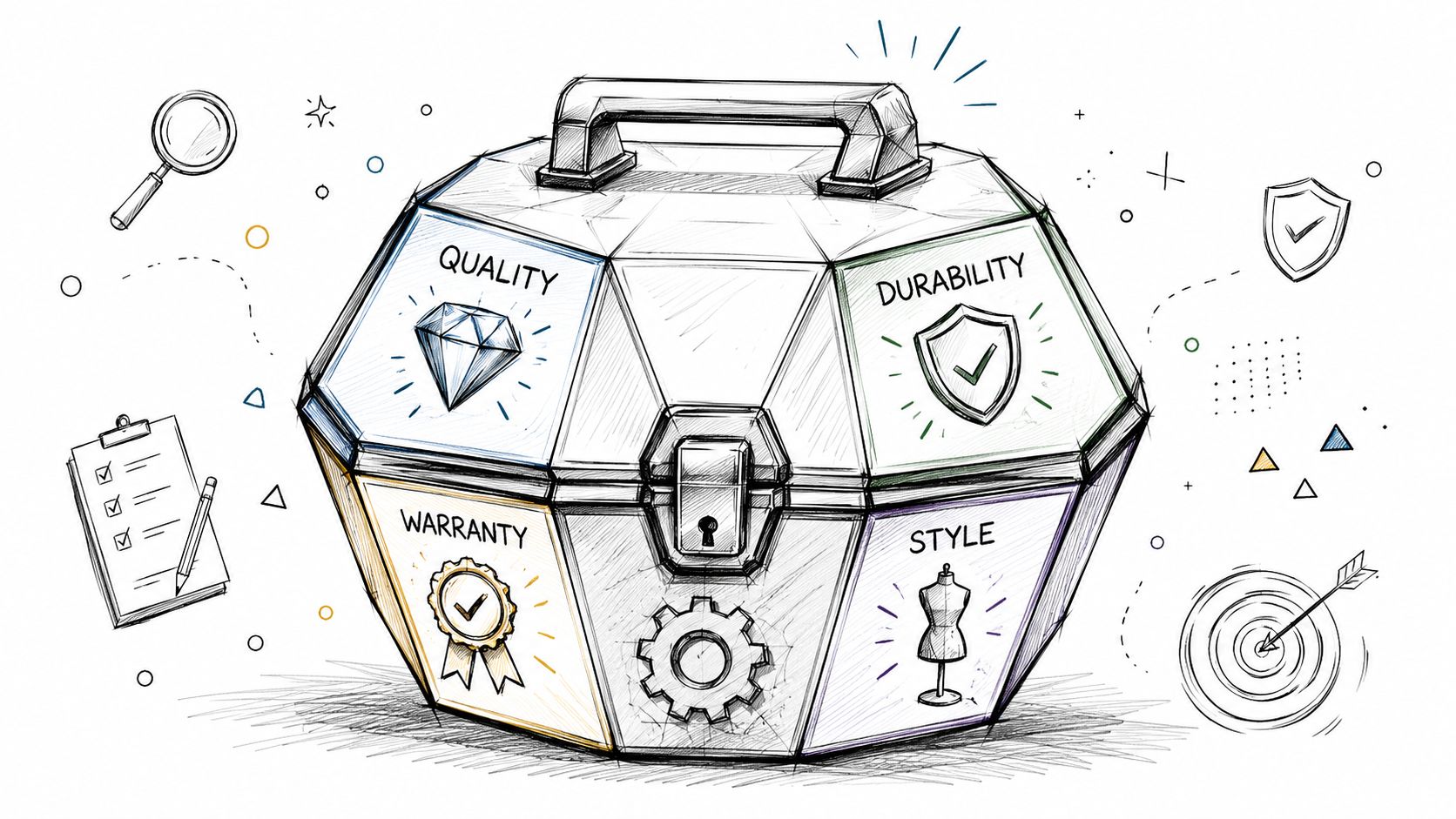 A hand-drawn sketch of a business case featuring labels for quality, durability, warranty, and style.