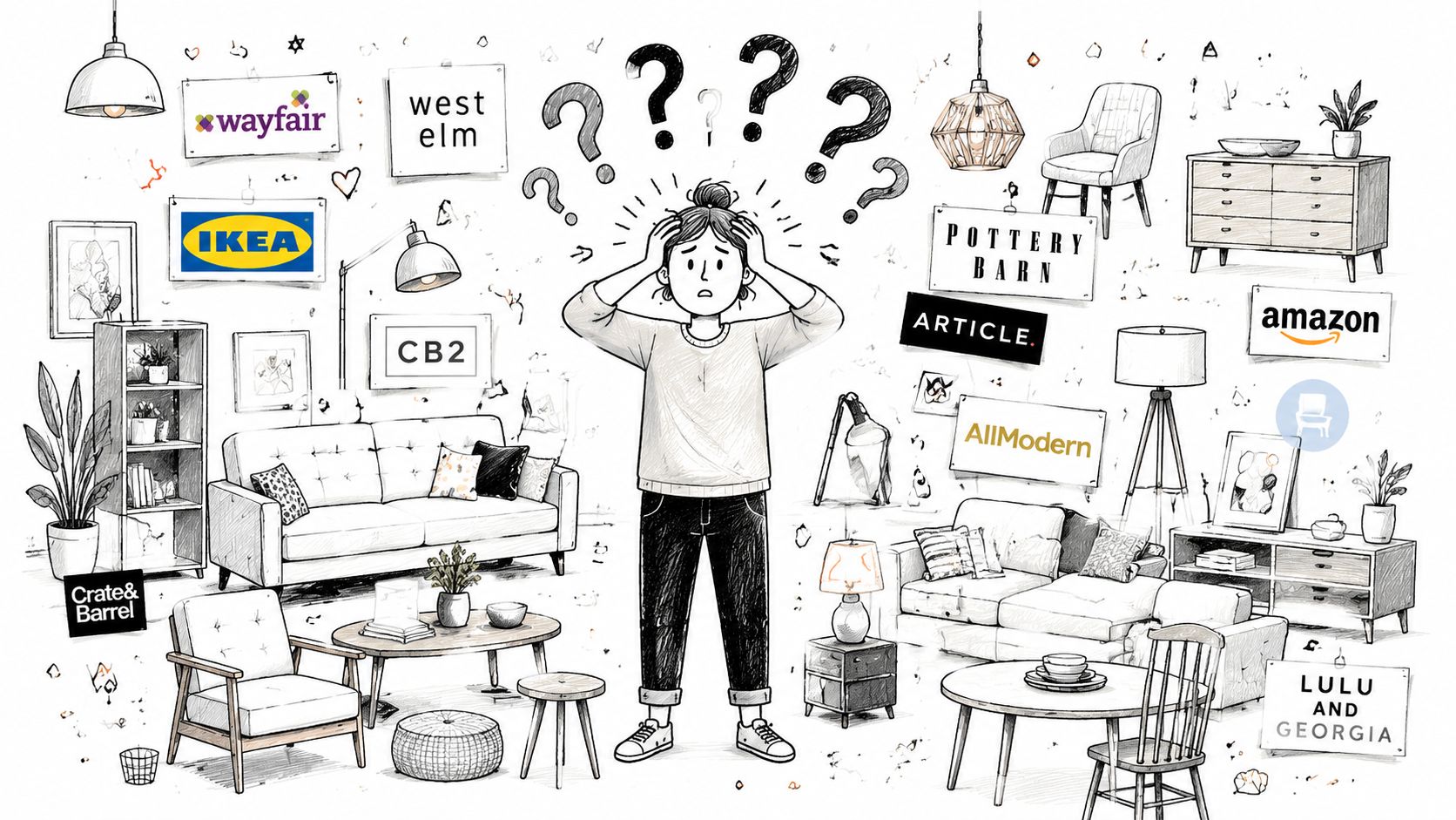 A confused person standing in a room surrounded by logos of popular home furniture brands.