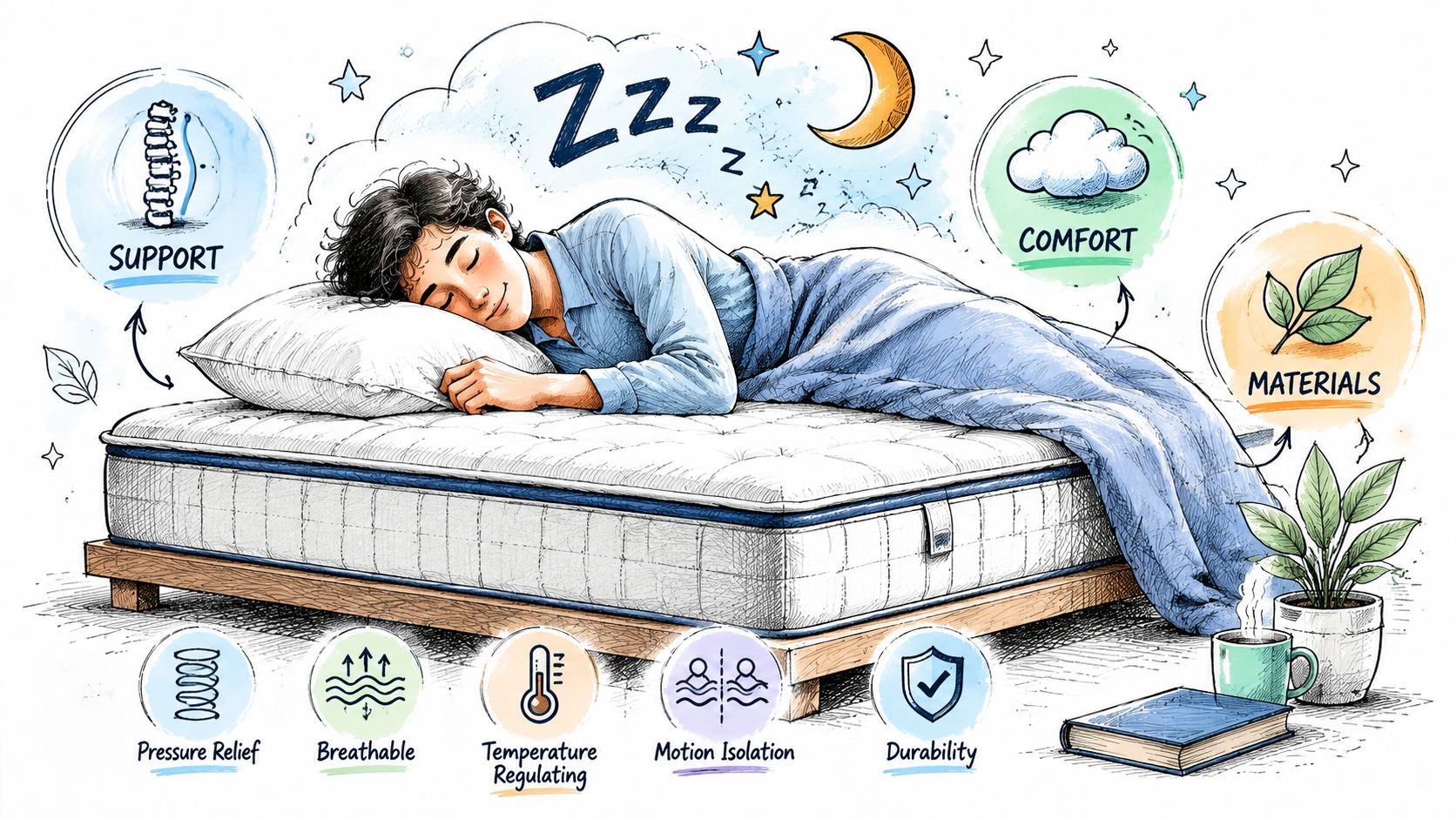 A hand-drawn illustration showing a person sleeping comfortably on a mattress highlighting various features like support and durability.