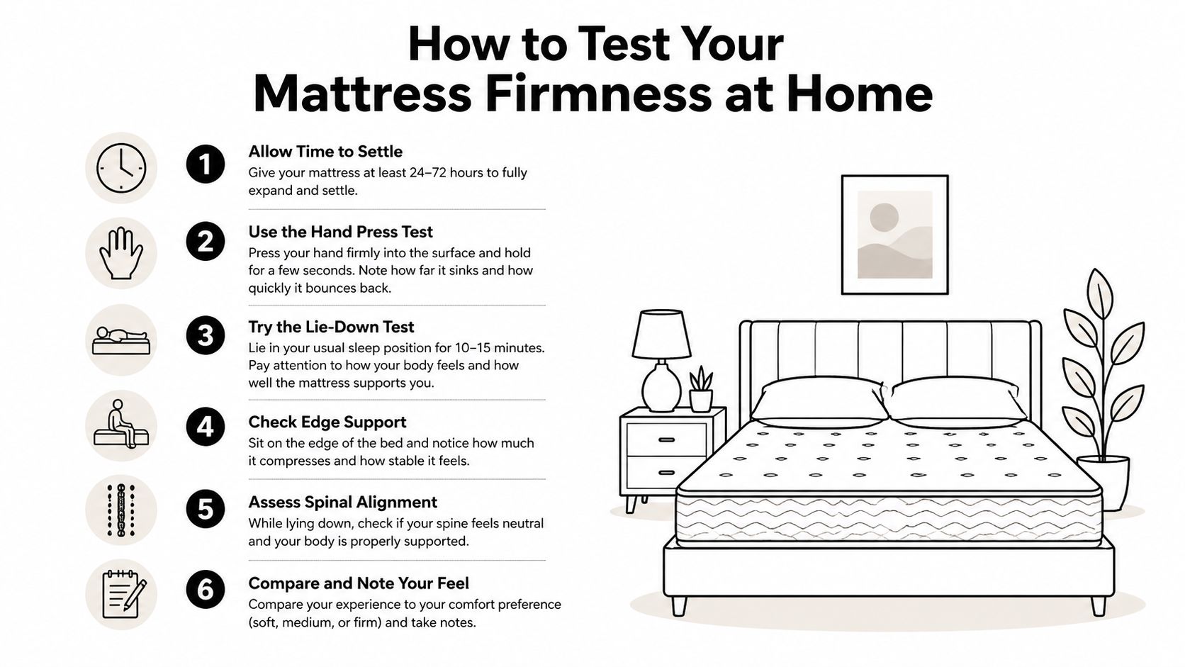 A step-by-step infographic titled How to Test Your Mattress Firmness at Home with six numbered steps.