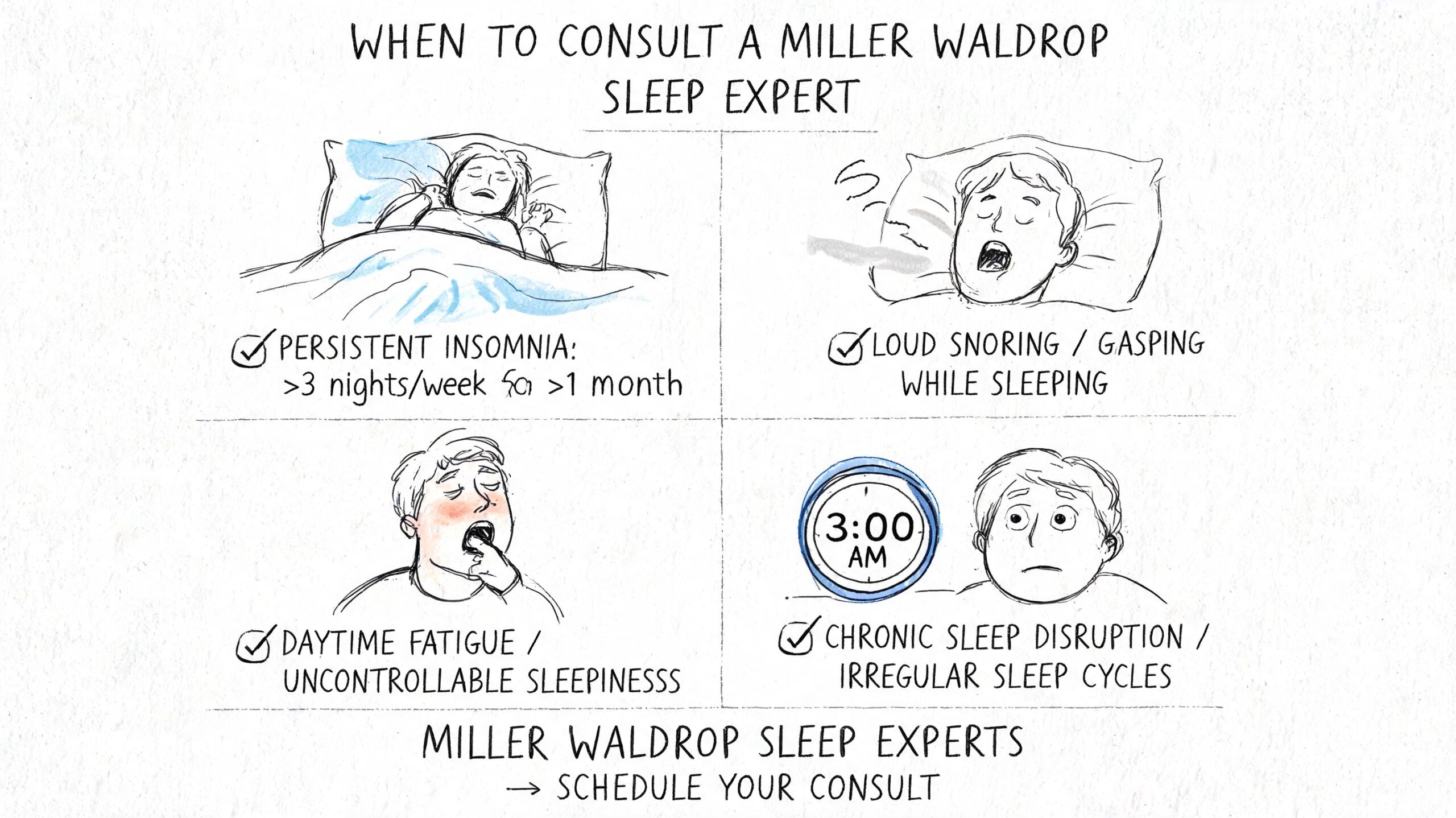 An infographic illustrating four common signs indicating you should consult a Miller Waldrop sleep expert.