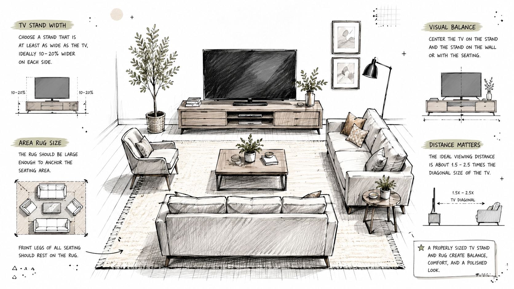 A hand-drawn sketch illustrating ideal furniture arrangement and dimension guidelines for a well-balanced living room layout.