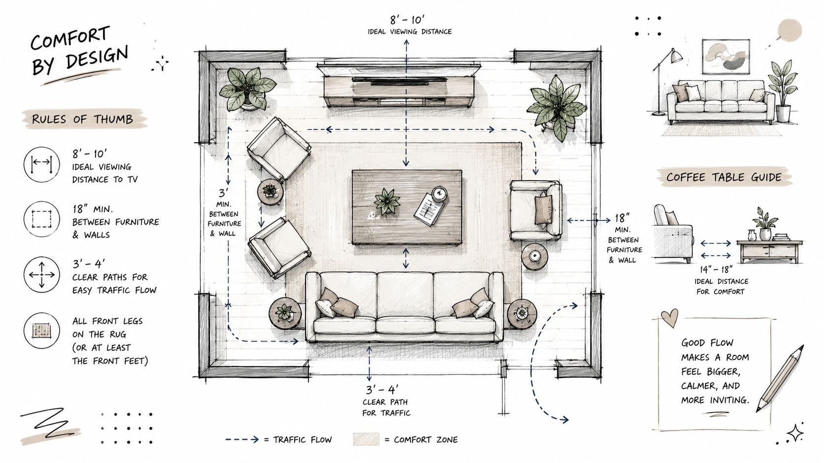 A diagram illustrating ideal living room furniture dimensions, layout spacing, and clear traffic flow paths for design.
