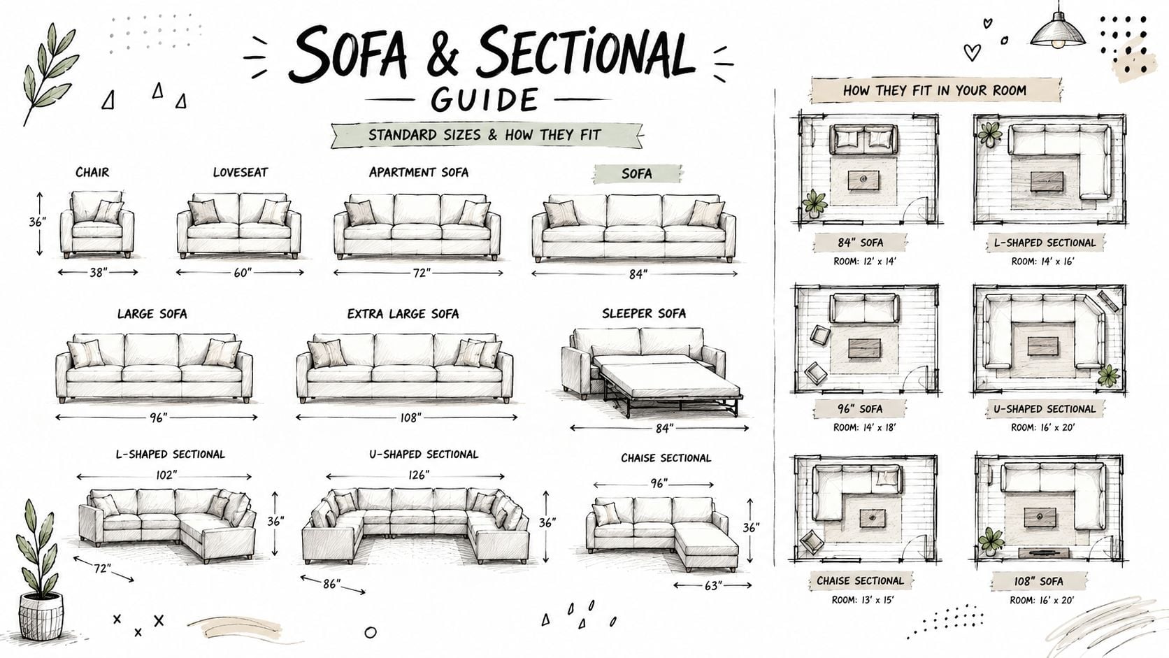 A comprehensive guide illustrating various sofa and sectional styles, sizes, and their ideal room layouts.
