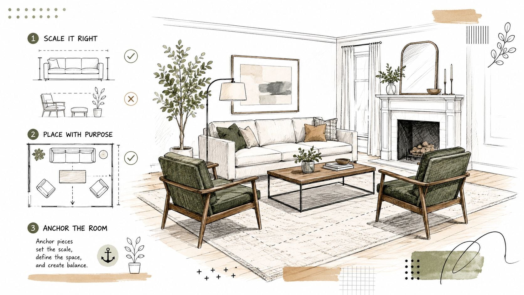 A detailed illustration demonstrating professional interior design principles for arranging living room furniture with scale and balance.
