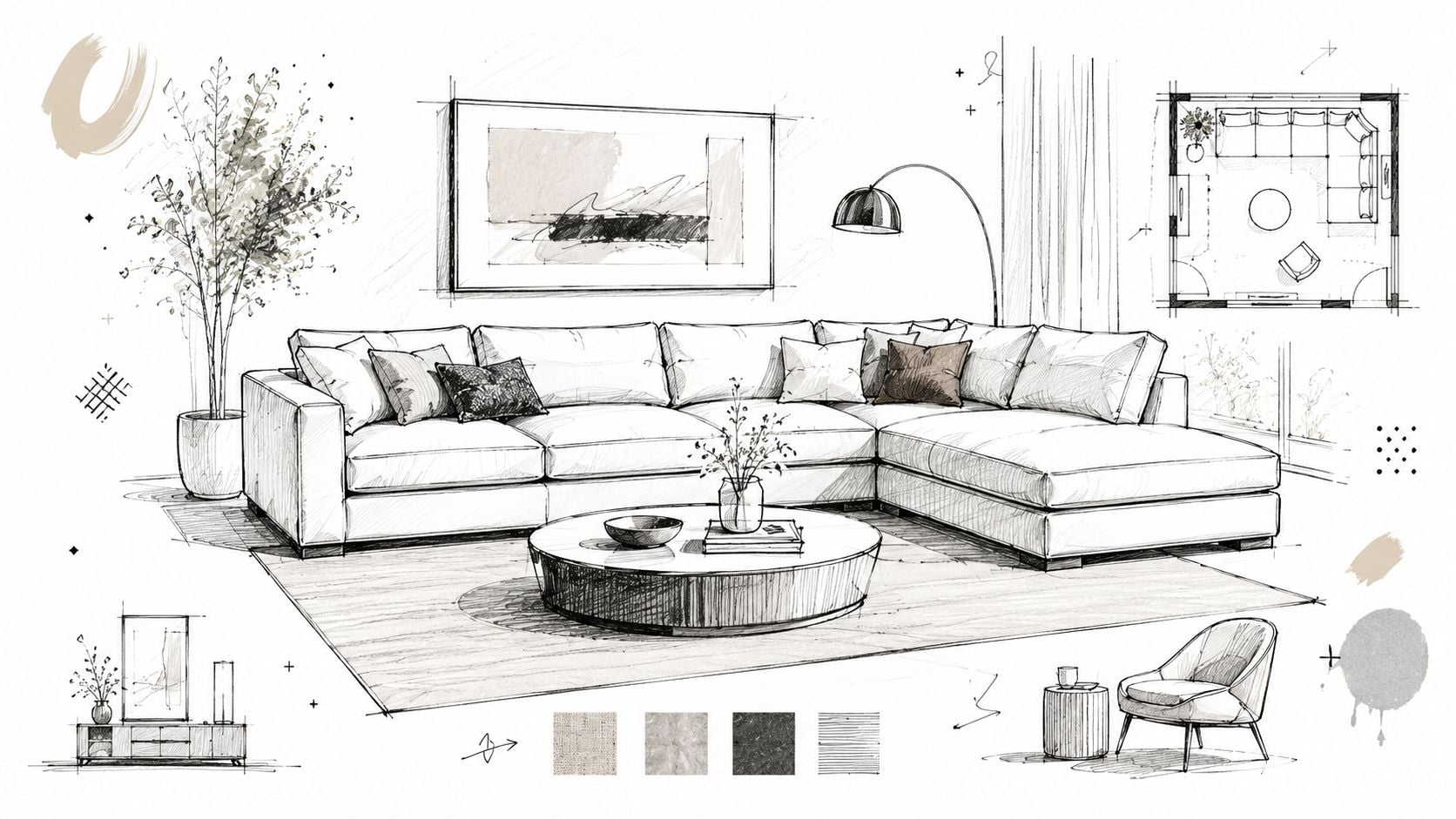 A detailed architectural sketch of a modern living room featuring a large sectional sofa and decor.