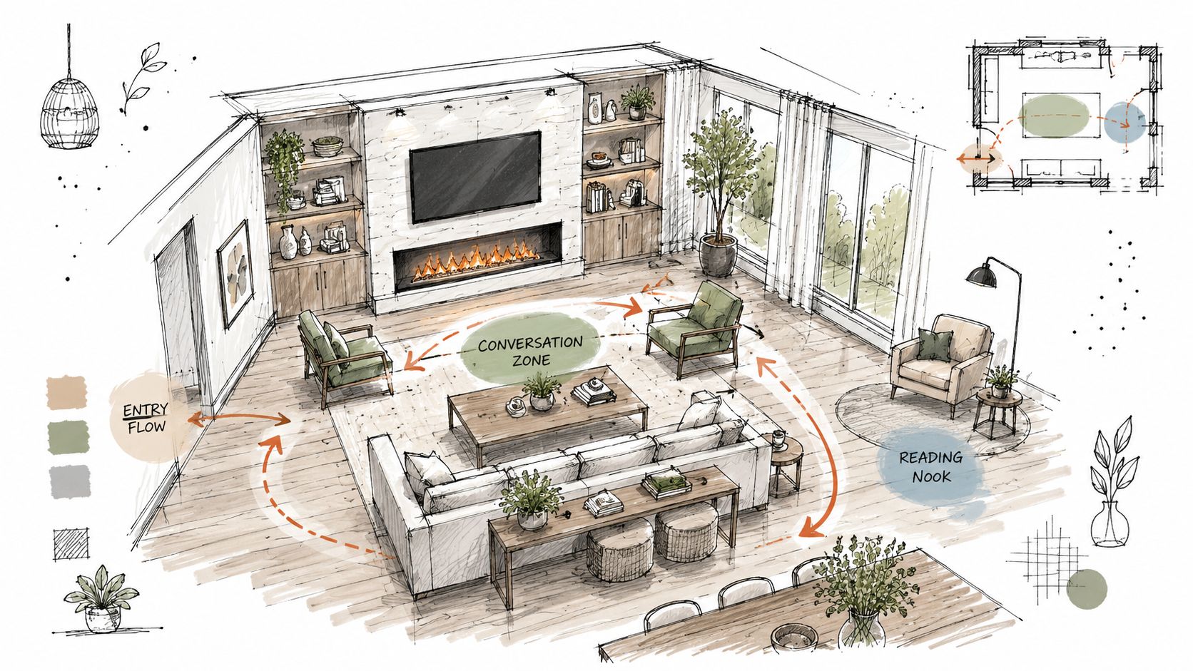 A detailed architectural sketch showing a living room furniture layout with a cozy conversation zone and nook.