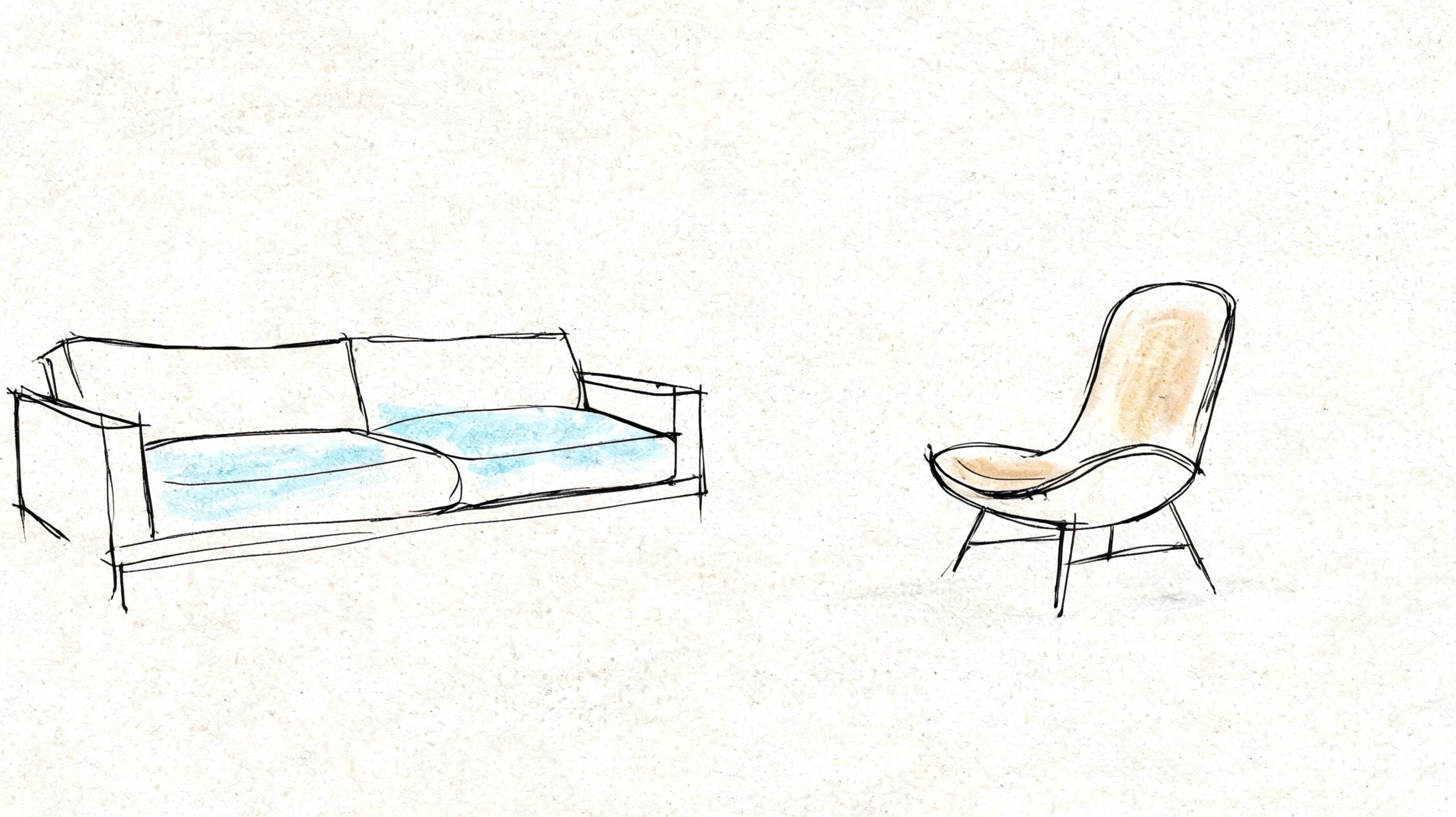 A minimalist sketch showing a modern blue sofa and an elegant tan accent chair on a white background.