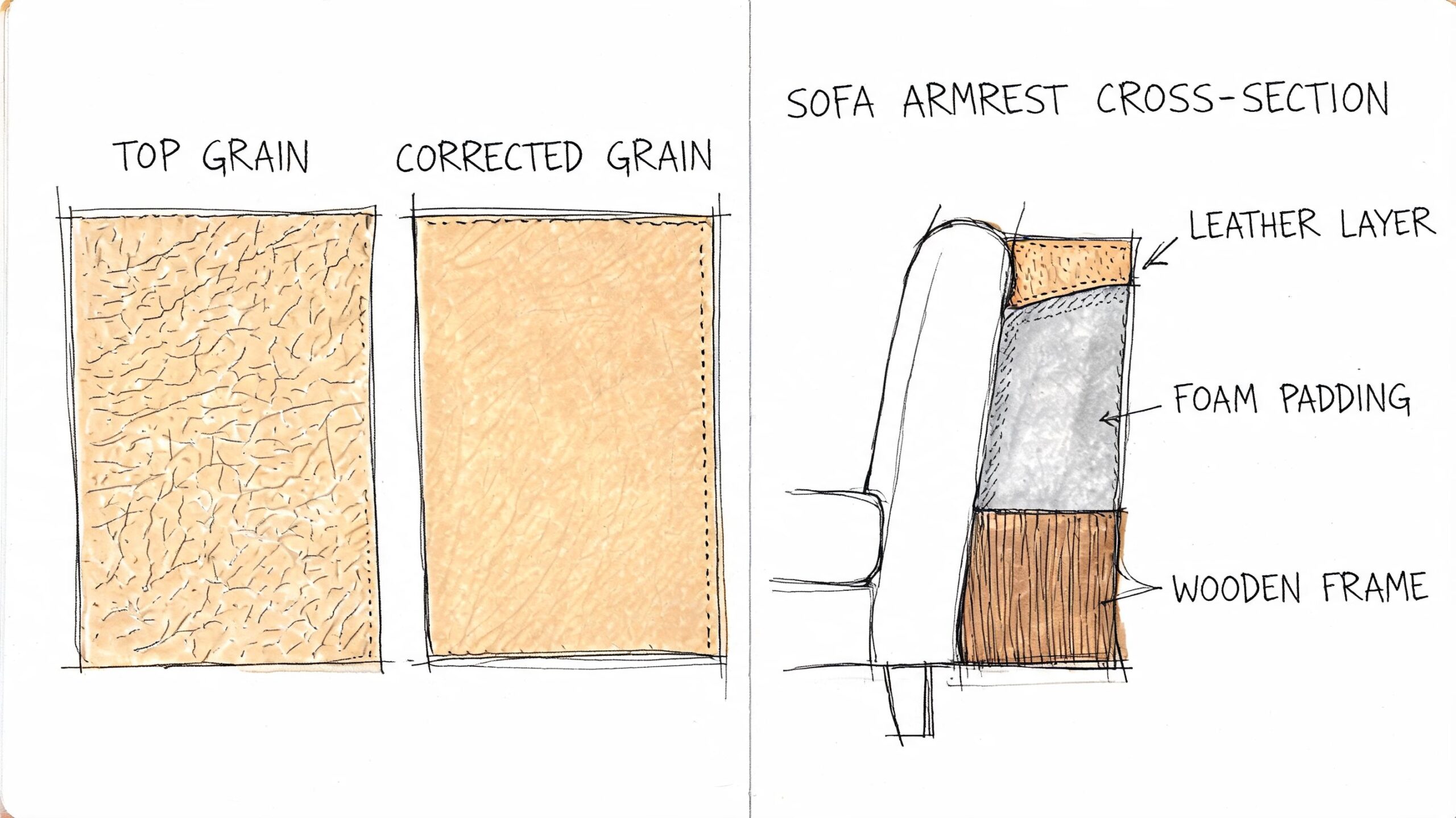 A hand-drawn illustration showing top grain and corrected grain leather, plus a sofa armrest cross-section diagram.