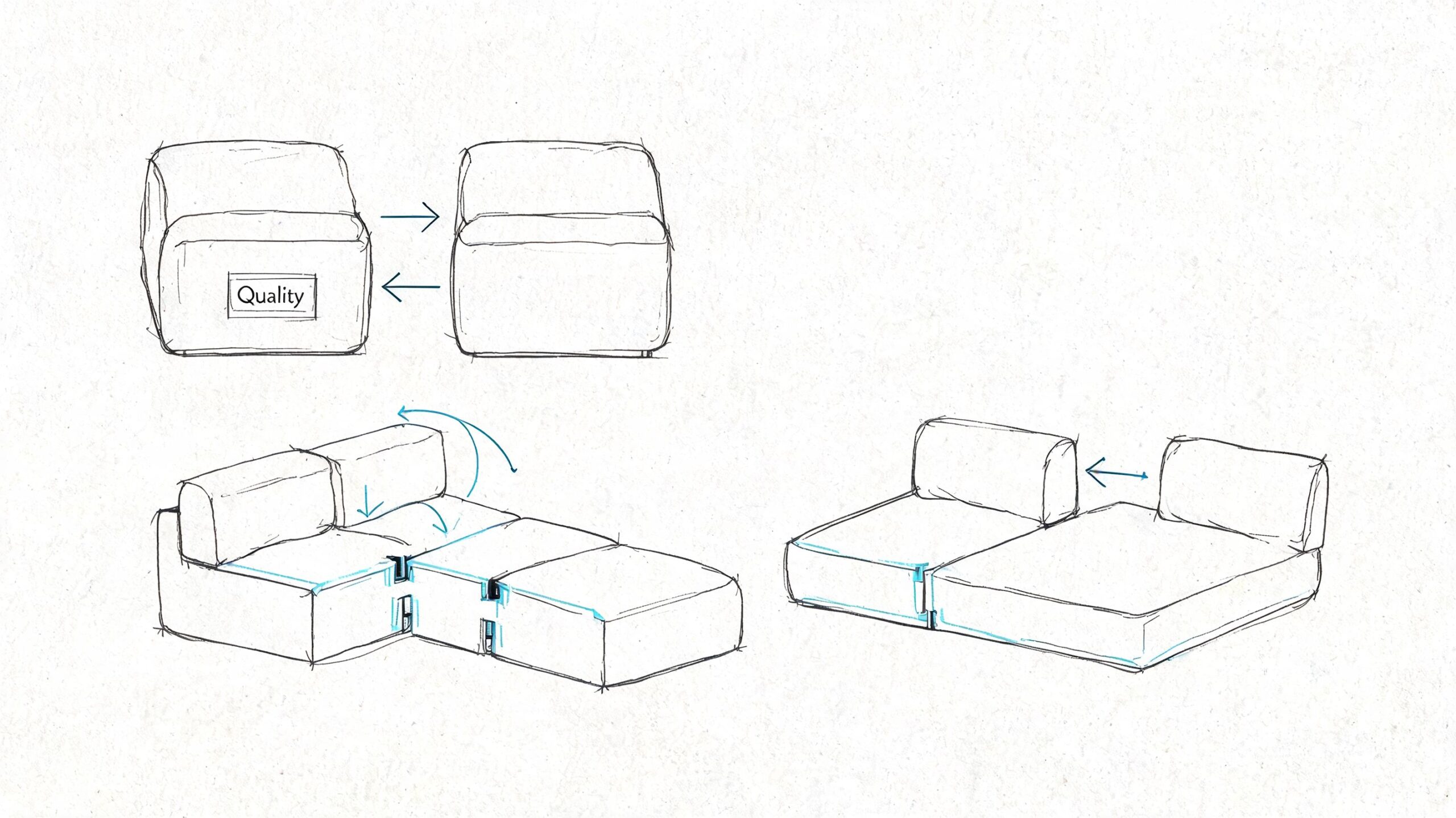A conceptual sketch showing how modular furniture pieces can be reconfigured from chairs into sofas and beds.