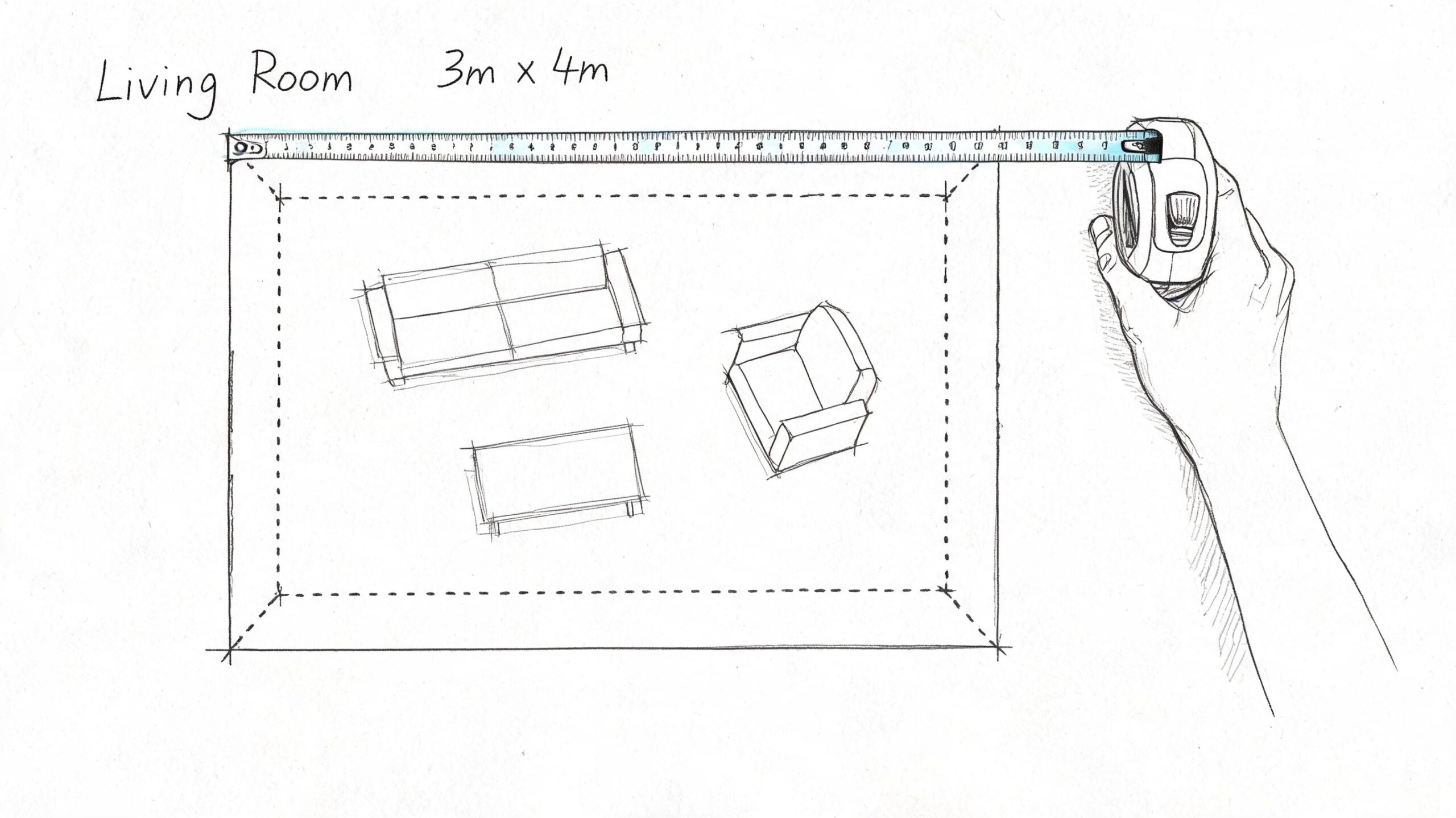 A hand-drawn sketch of a living room layout with furniture, measured by a tape measure.