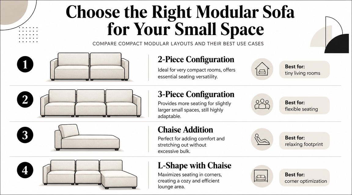 A visual guide explaining different modular sofa configurations ideal for maximizing seating in small living spaces.