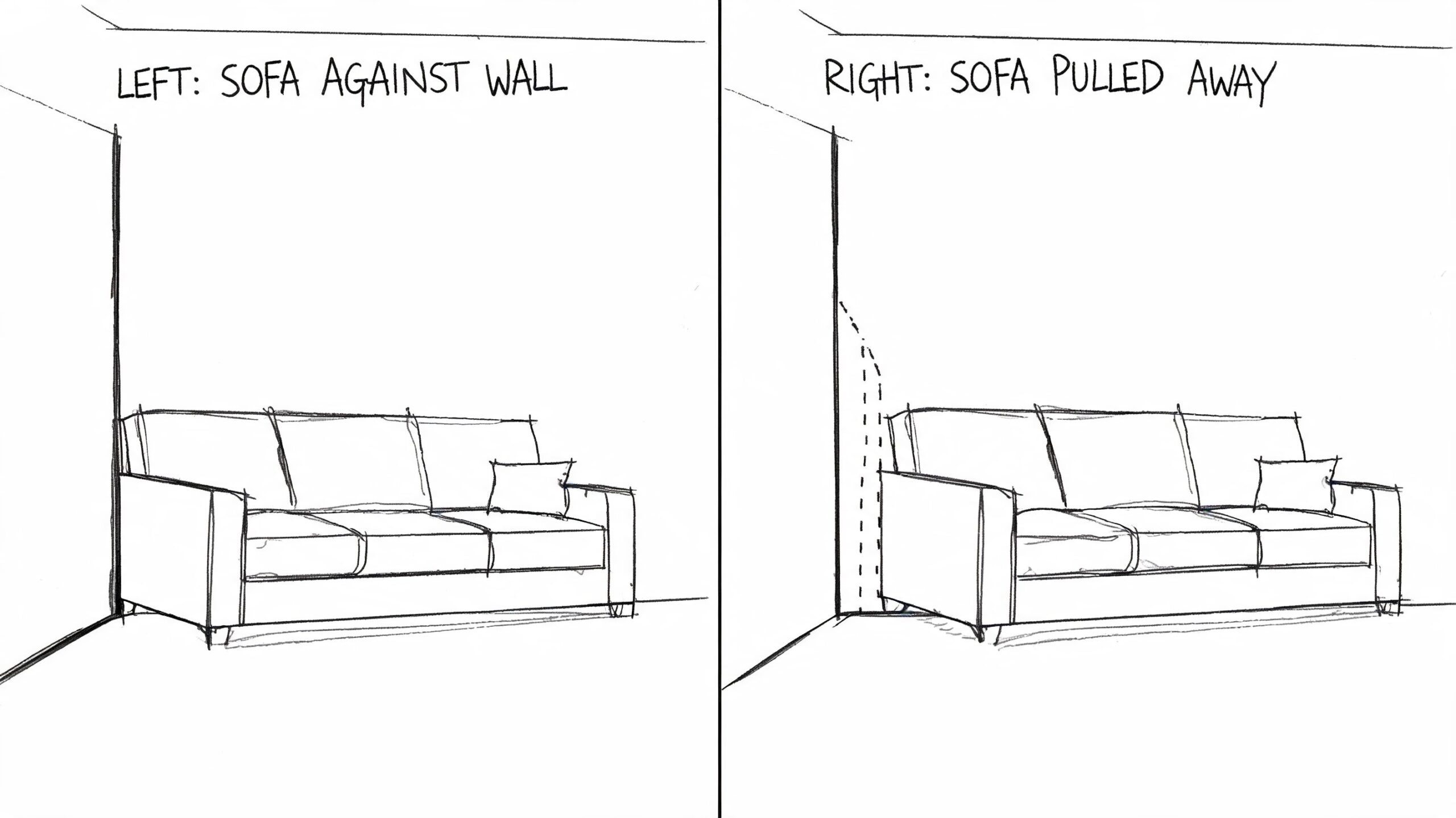 A line drawing comparison showing a sofa placed against a wall versus pulled away from it.