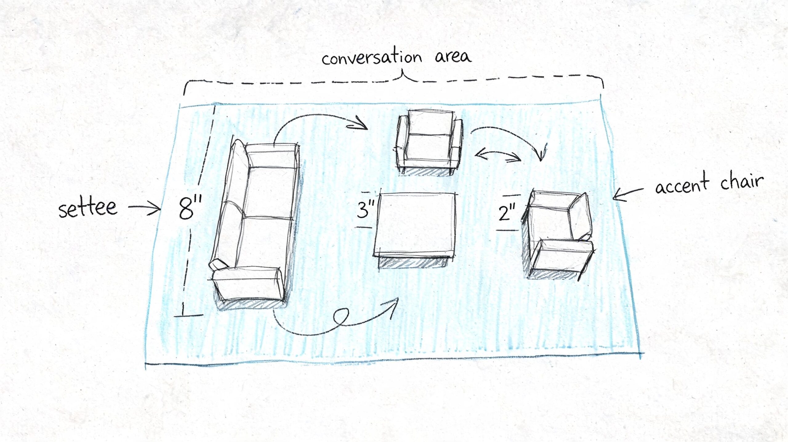 A hand-drawn floor plan sketch showing a settee and two accent chairs in a conversation area layout.