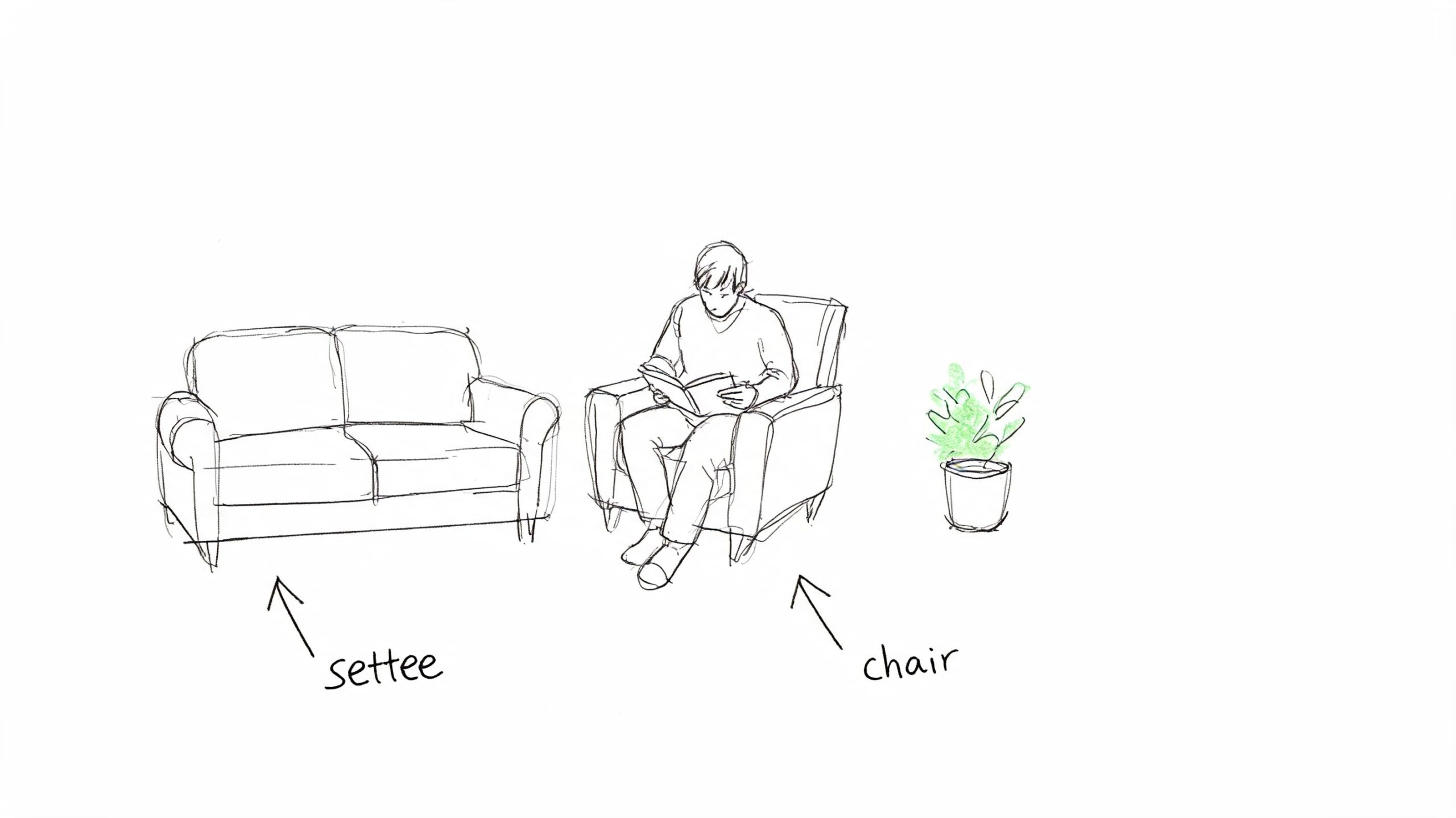 A simple sketch illustrating a settee, a person sitting in an armchair reading a book, and a plant.