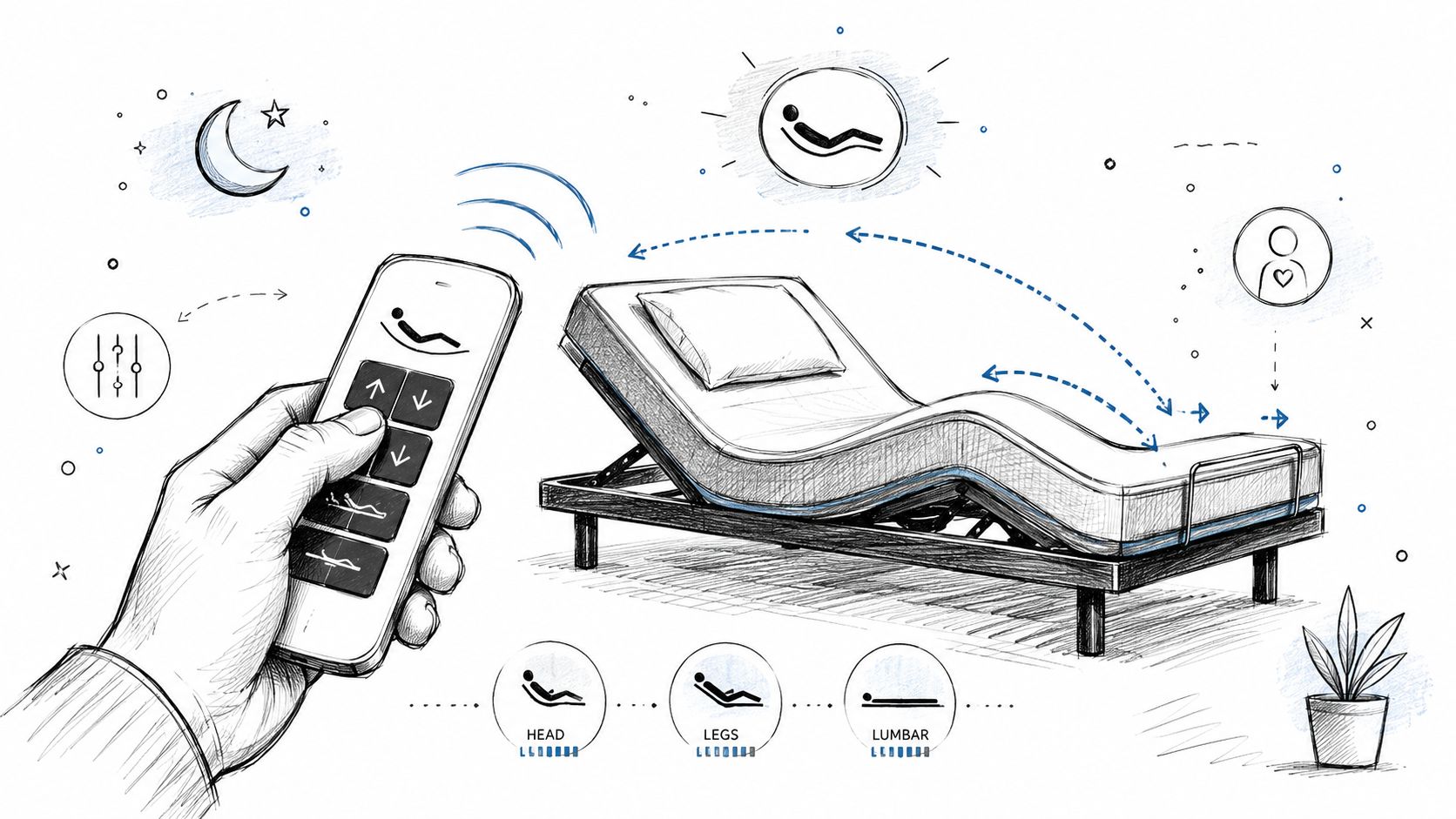 A hand holding a remote control to adjust an ergonomic bed with various reclining and comfort settings.
