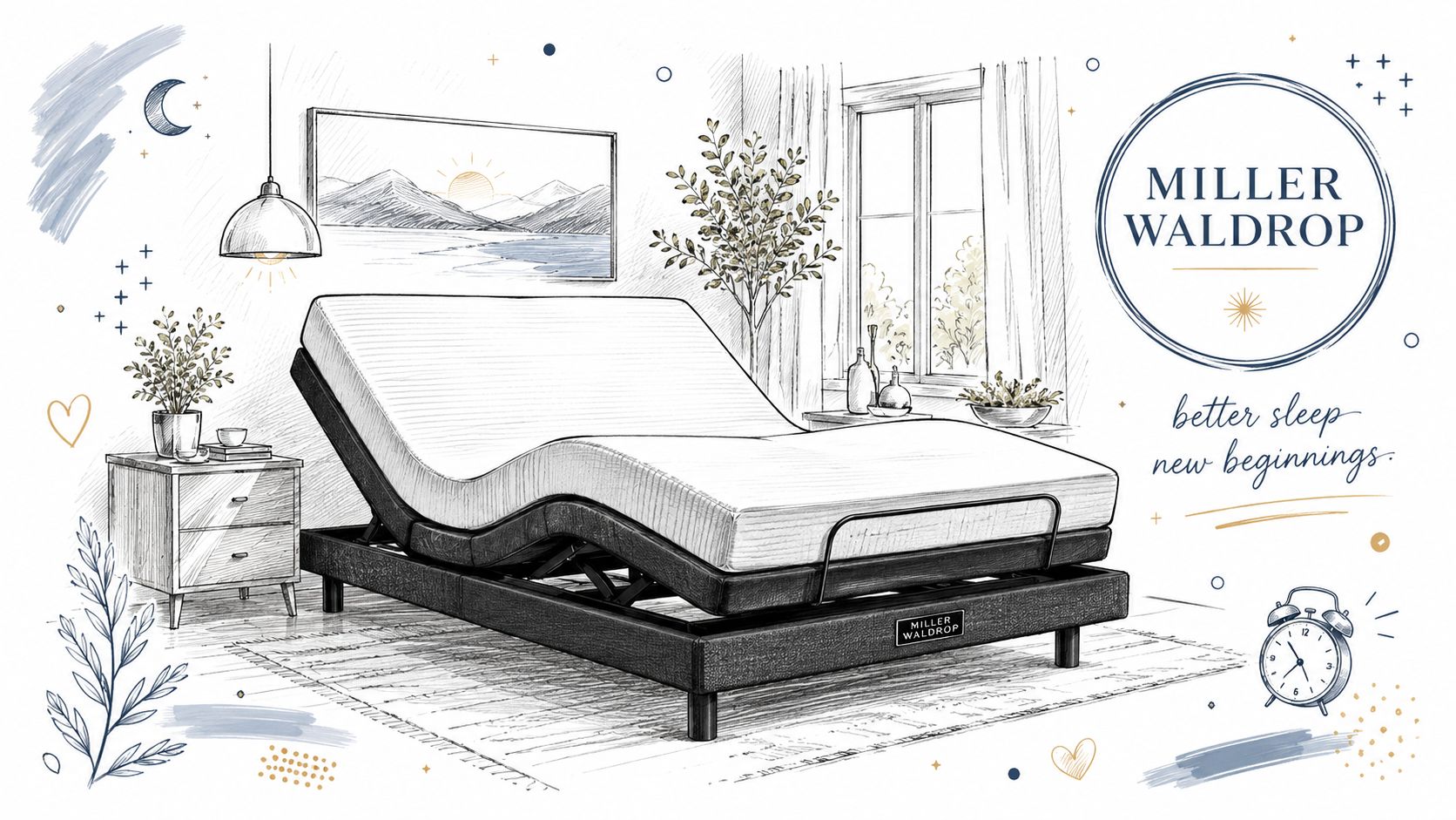 A line art sketch of a modern adjustable bed base with a mattress in a cozy bedroom setting.