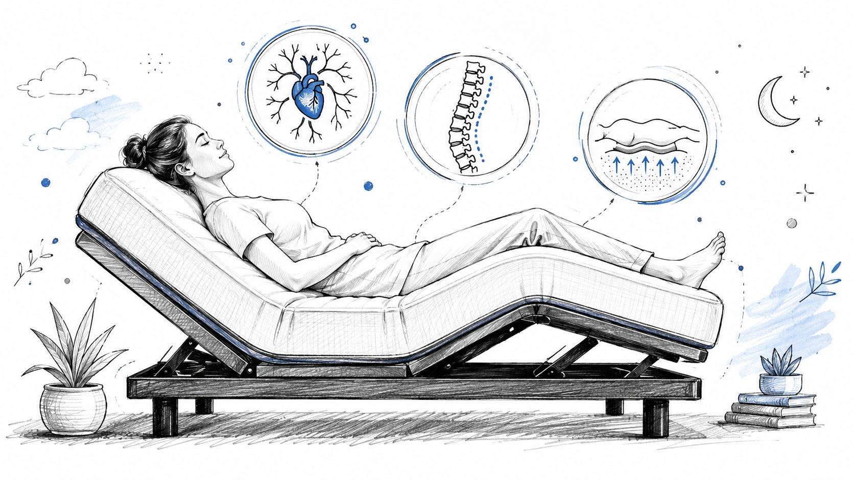 A woman resting on an adjustable bed in a zero gravity position with illustrated health benefits shown.