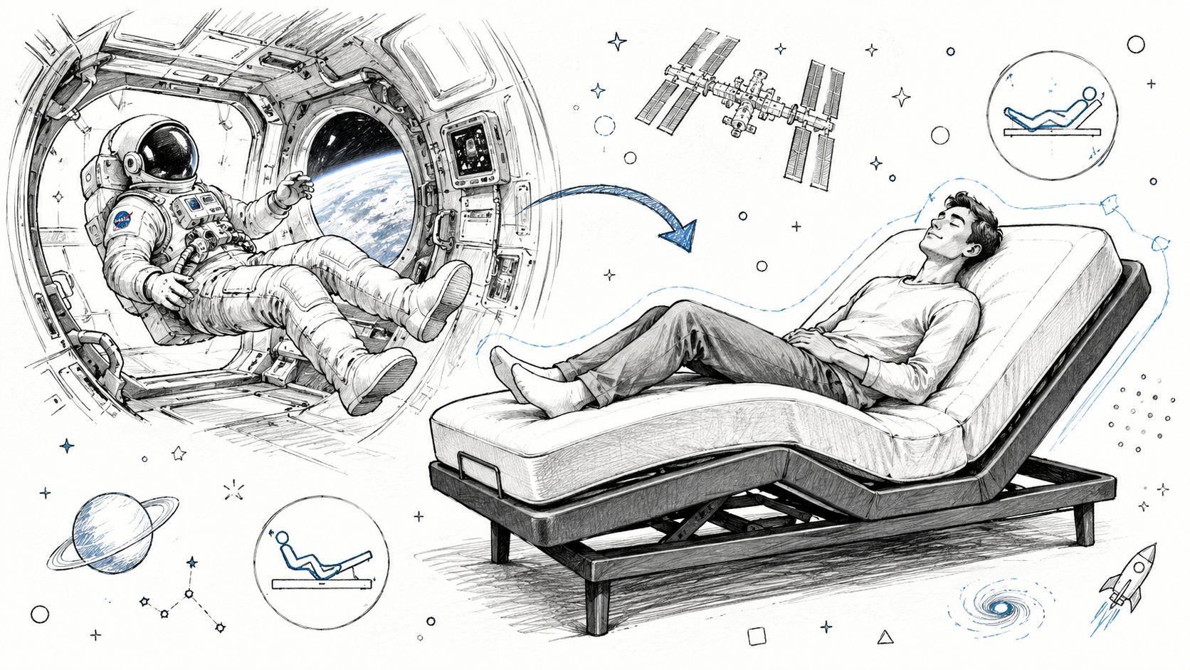A man resting on an adjustable bed in a zero gravity position inspired by astronaut posture.