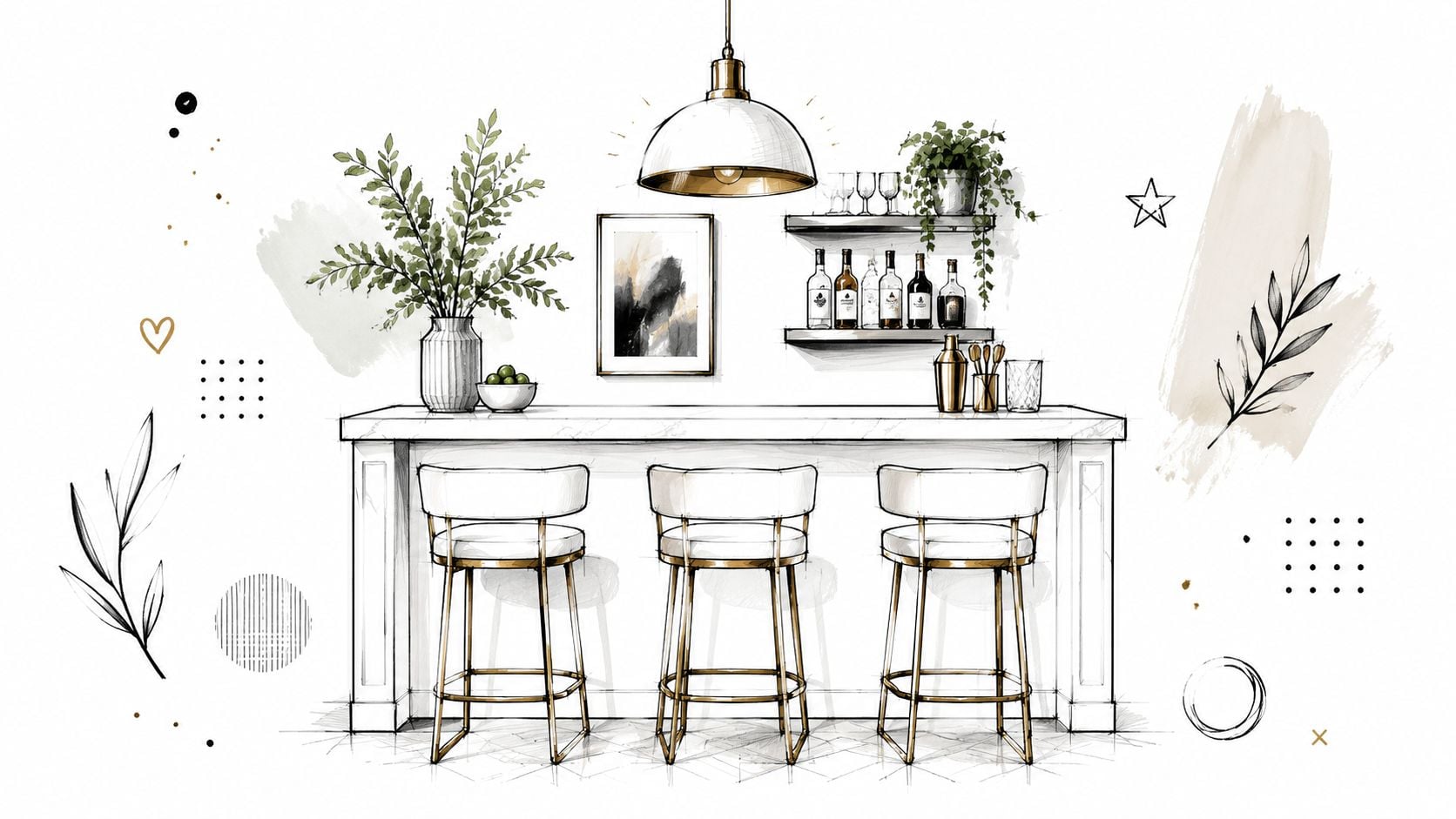 A stylish sketch of a modern white bar table with three gold and white stools in a bright setting.