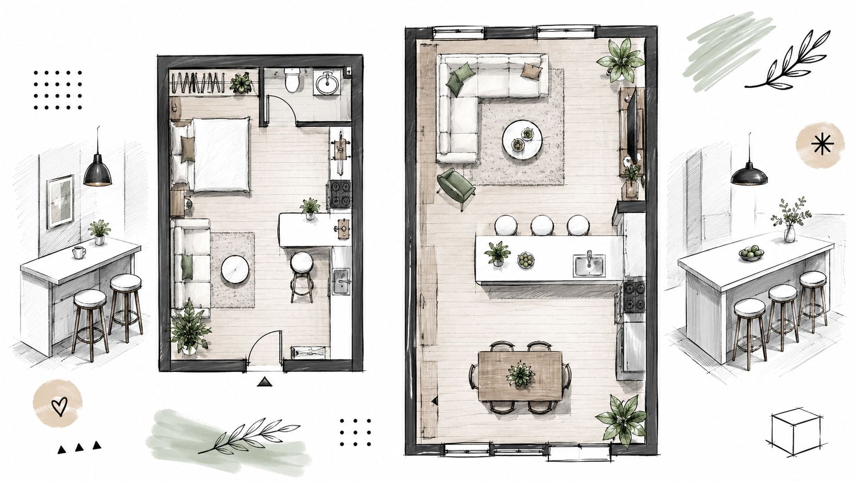 A top-down architectural floor plan illustration showing two modern apartment layouts featuring furniture and kitchen bar tables.