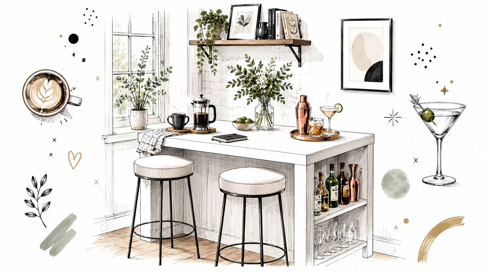 A modern kitchen bar table with stools, a coffee station, and a cocktail setup in a sketch style.