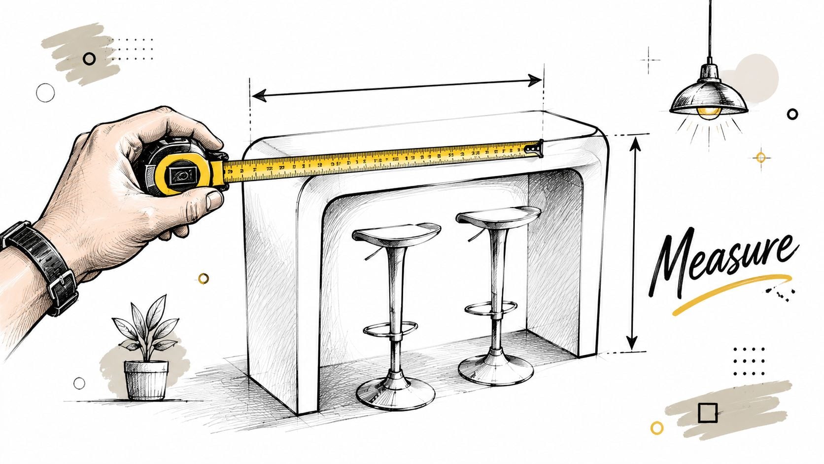 A hand holding a yellow measuring tape while measuring the length of a modern white bar table.