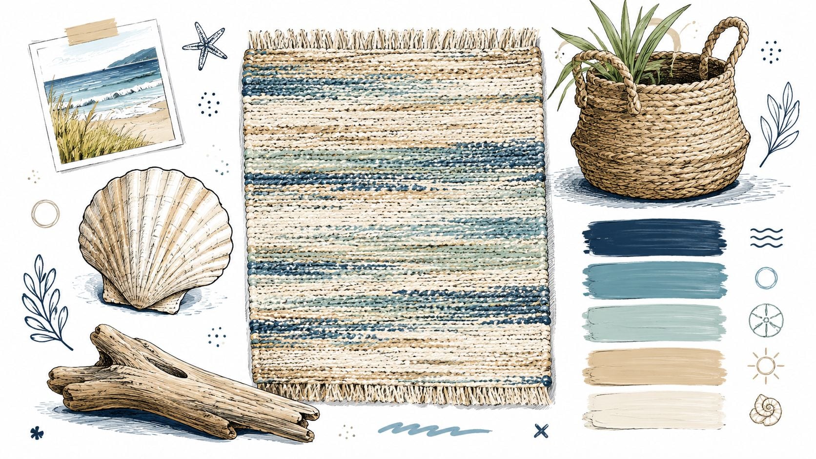 A coastal-themed mood board featuring a woven rug, a seashell, driftwood, a plant, and ocean-inspired color palette.
