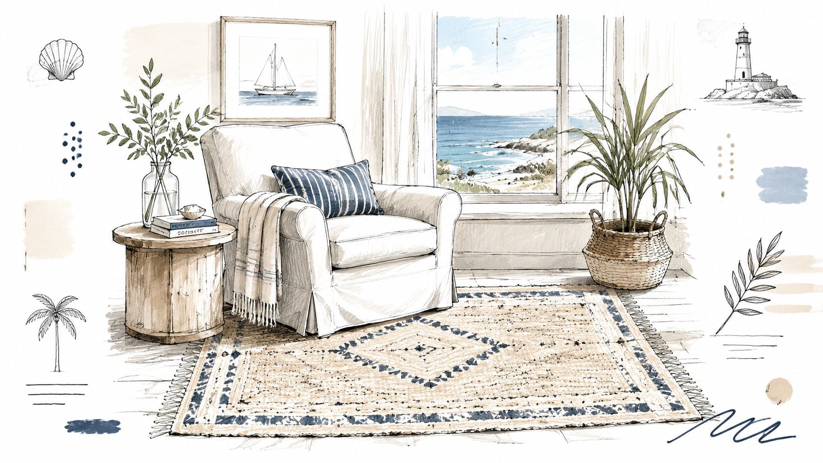 A coastal-themed living room sketch featuring a comfortable armchair, natural textures, and a patterned rug.