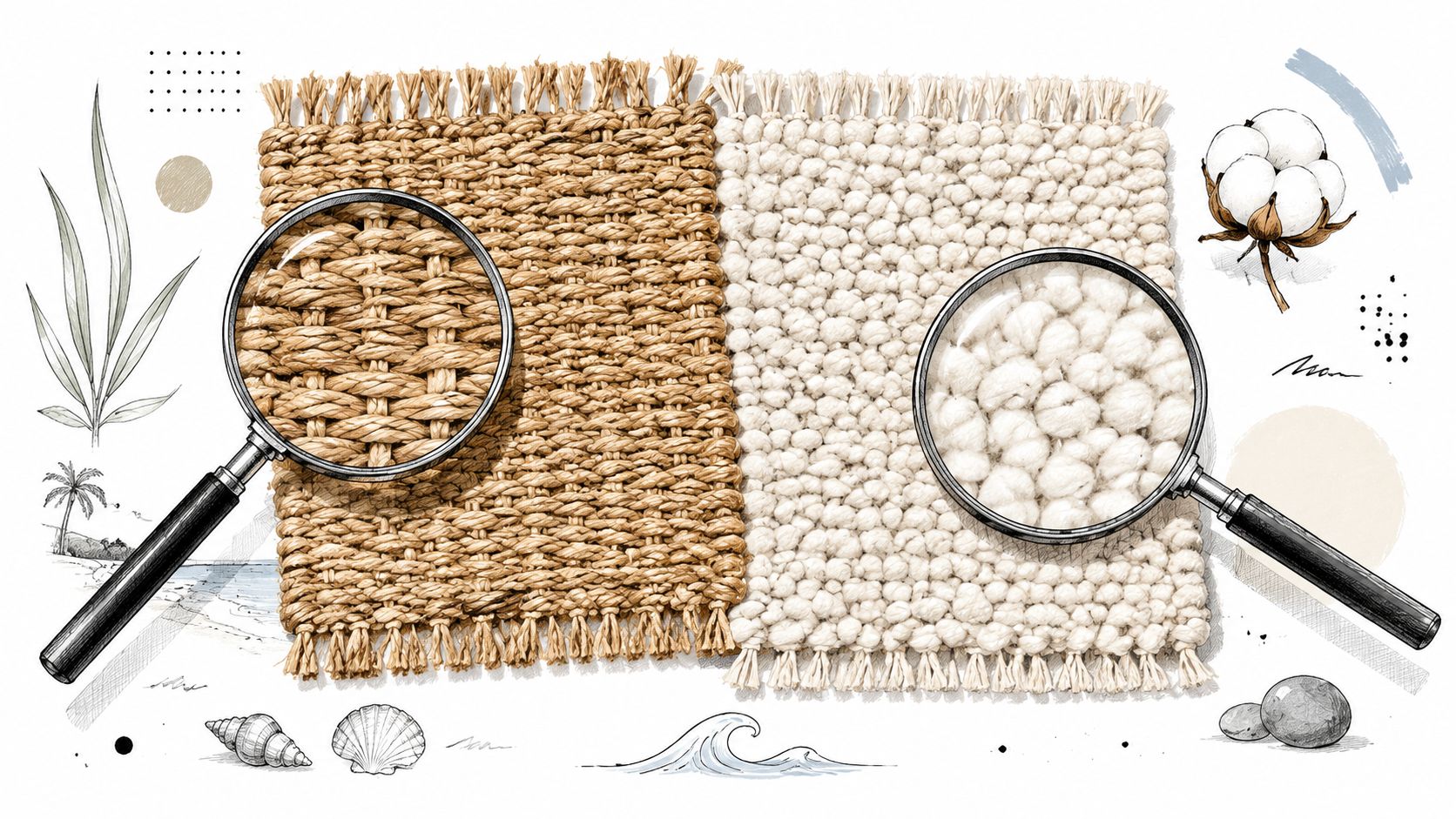 A magnifying glass focusing on woven textures of beachy area rugs made from natural fibers and cotton.