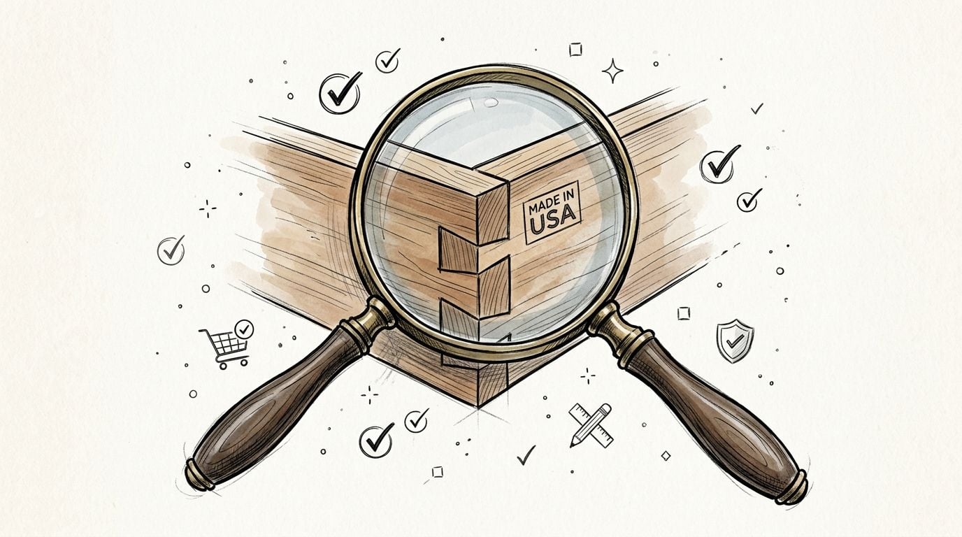 A magnifying glass inspecting the dovetail joint of a wooden structure labeled as made in USA.