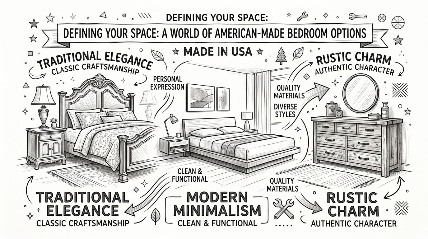 A black and white line drawing illustrating various American-made bedroom furniture styles including traditional, modern, and rustic.
