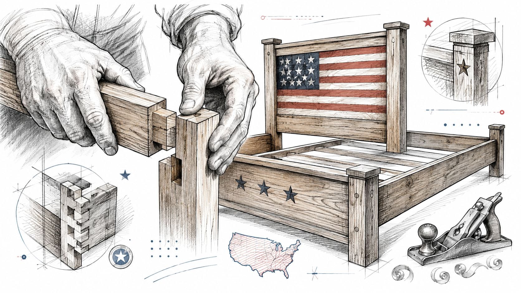Detailed sketch showing hands crafting a wooden bed frame featuring an American flag motif and woodworking tools.