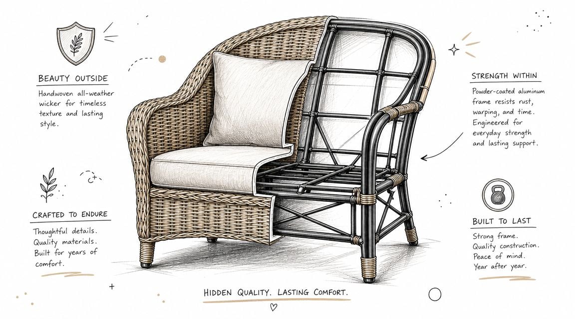 A cross-section diagram of an outdoor wicker armchair highlighting the aluminum frame construction and materials.