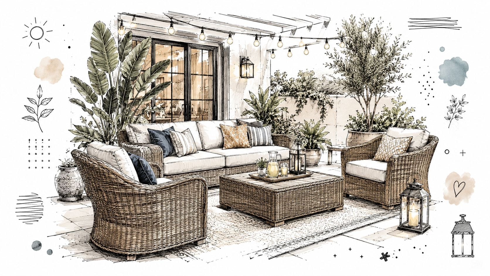 A beautiful patio sketch featuring outdoor wicker furniture, a coffee table, and cozy string lights.