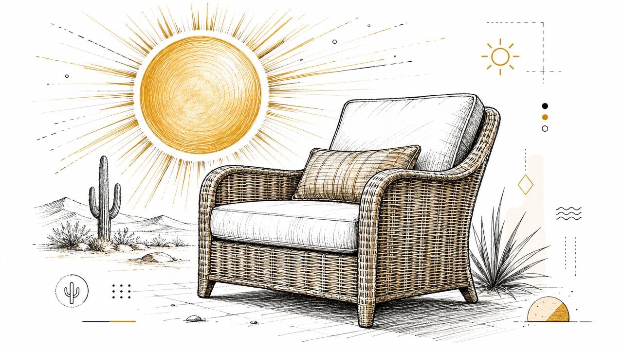 A detailed illustration of a wicker outdoor chair positioned in a sunny desert landscape scene.